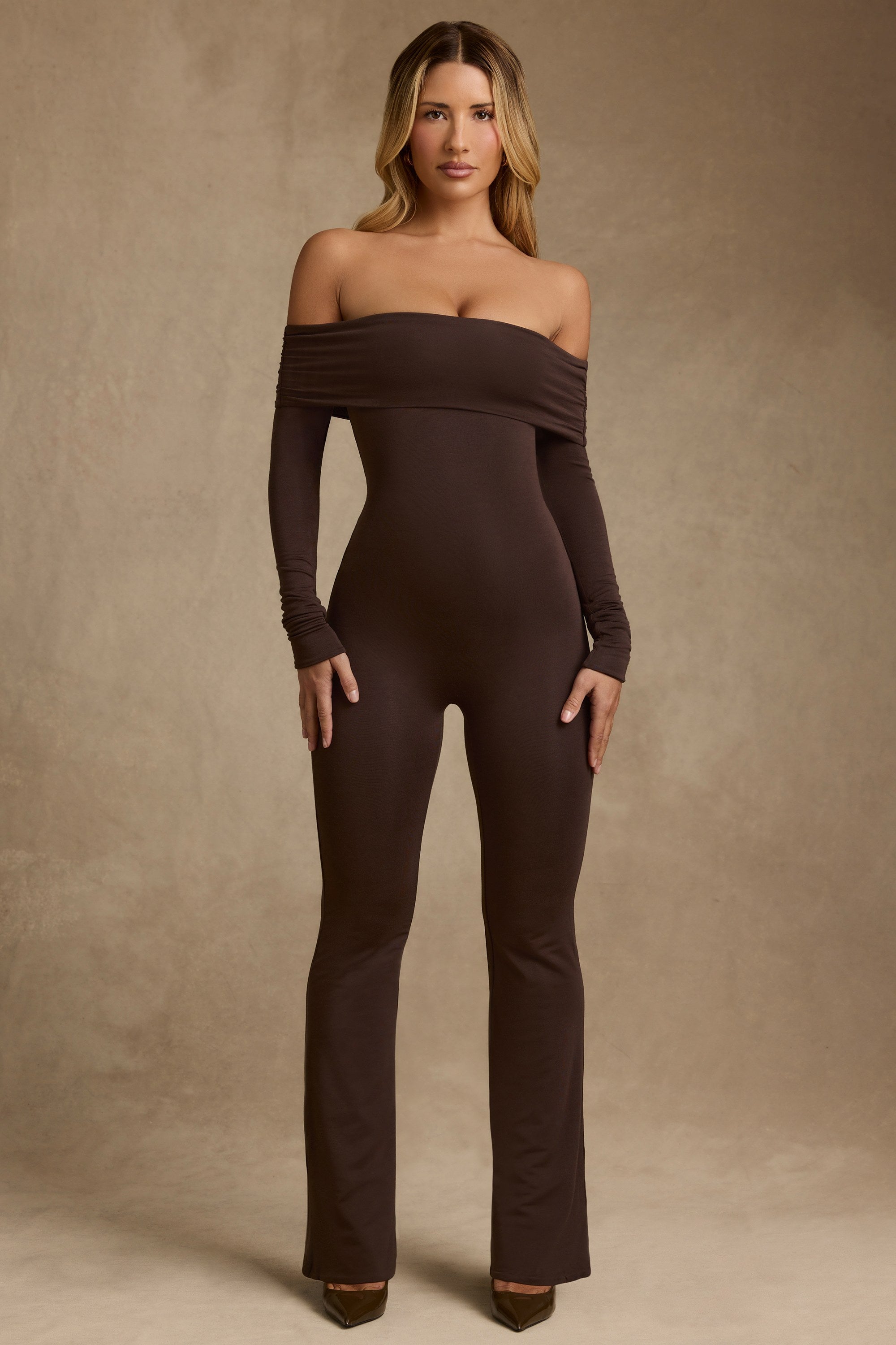 Agnesa Modal Off-Shoulder Jumpsuit in Chocolate Brown - Image 6