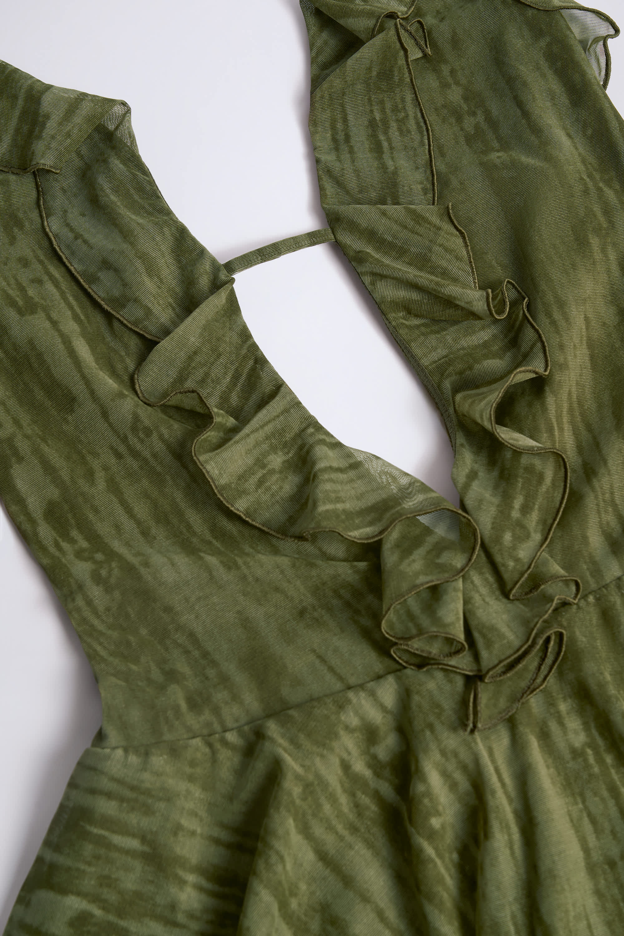 Morgaine Ruffled Plunge Halterneck Playsuit in Green Print - Image 3