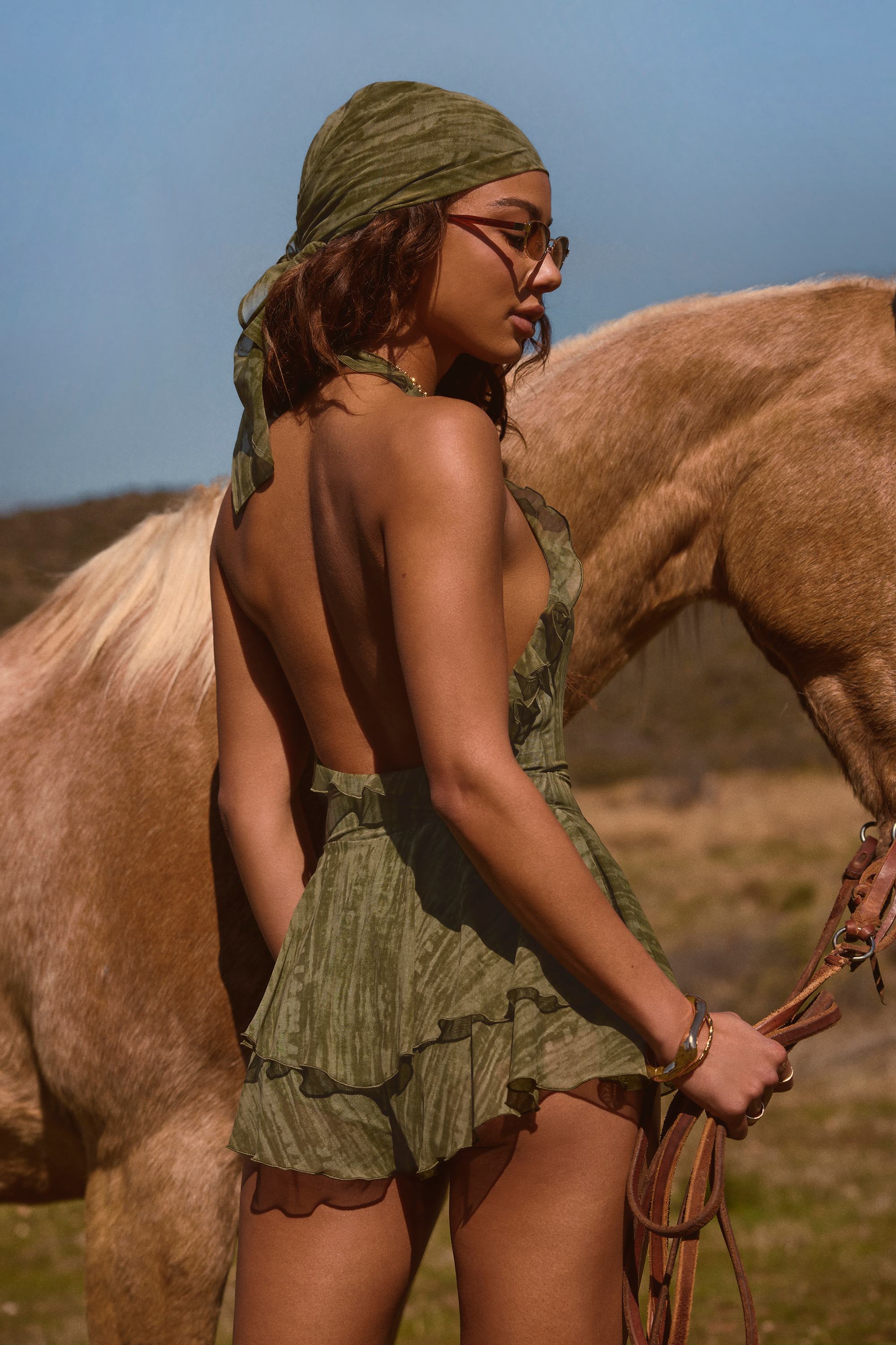 Morgaine Ruffled Plunge Halterneck Playsuit in Green Print - Image 4