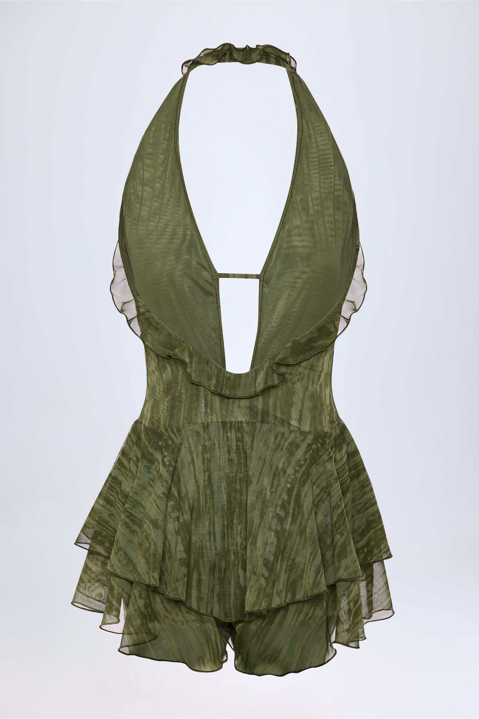 Morgaine Ruffled Plunge Halterneck Playsuit in Green Print - Image 5