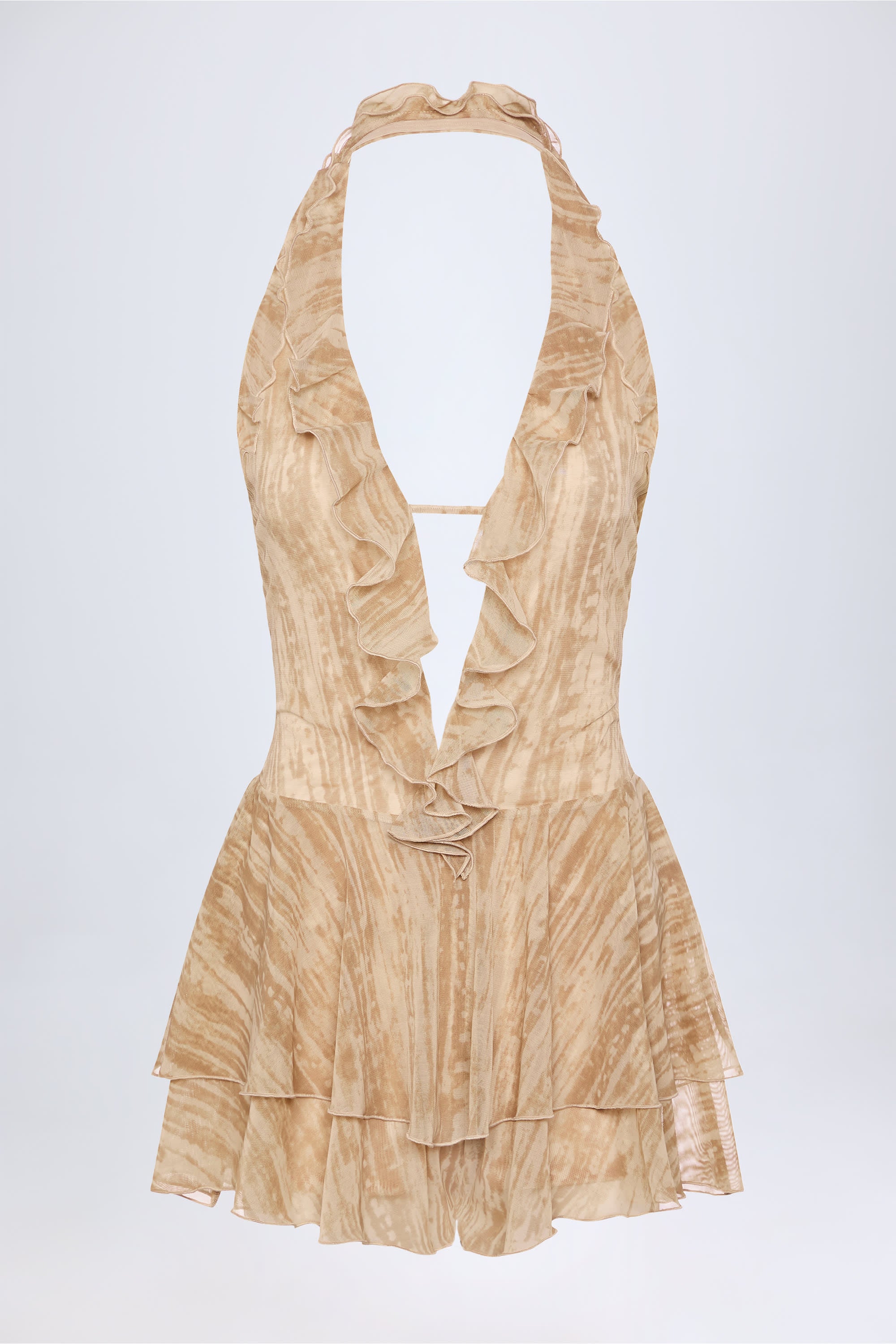 Morgaine Ruffled Plunge Halterneck Playsuit in Tan Print