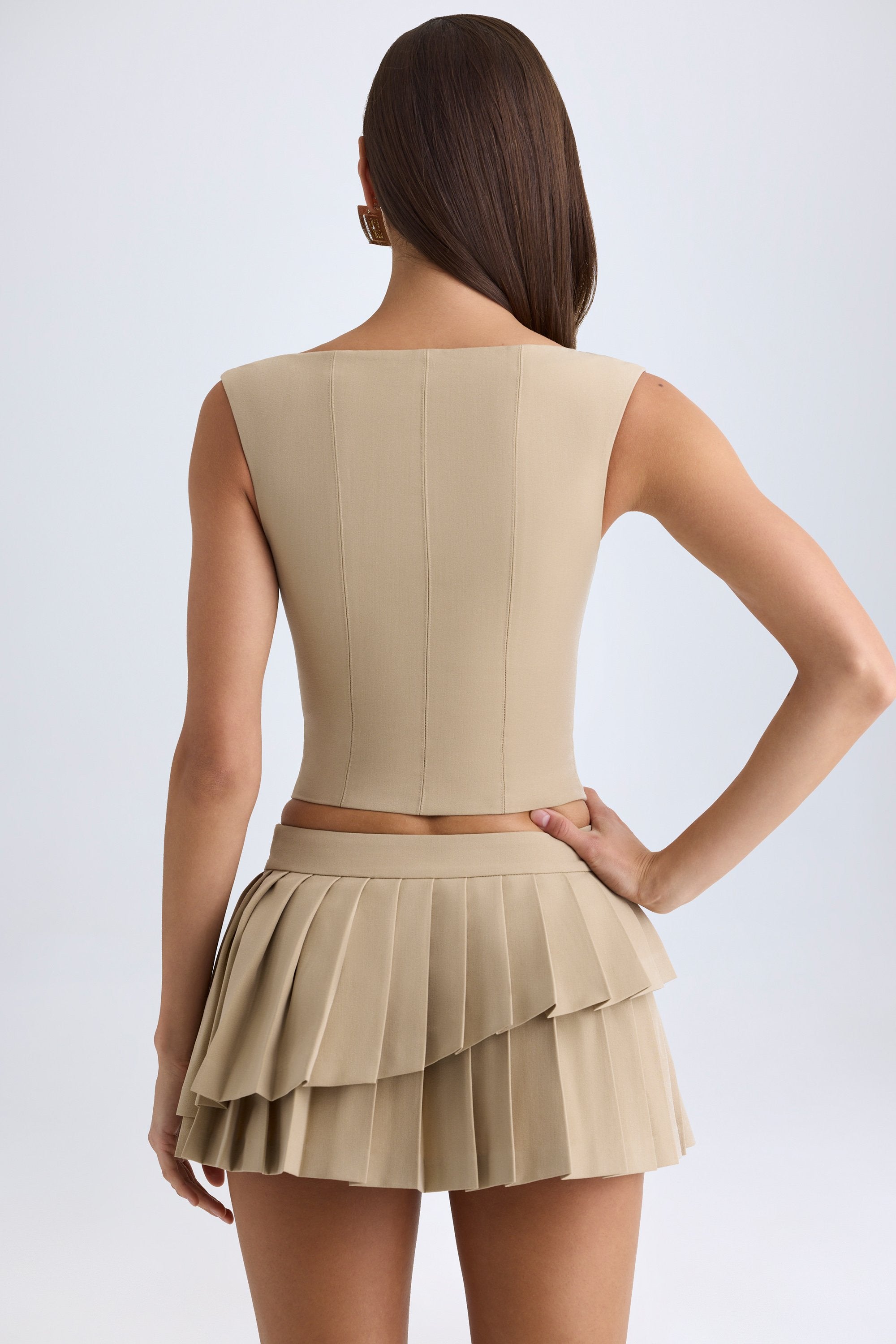 Nada Layered Pleated Low-Rise Mini Skirt in Camel - Image 3