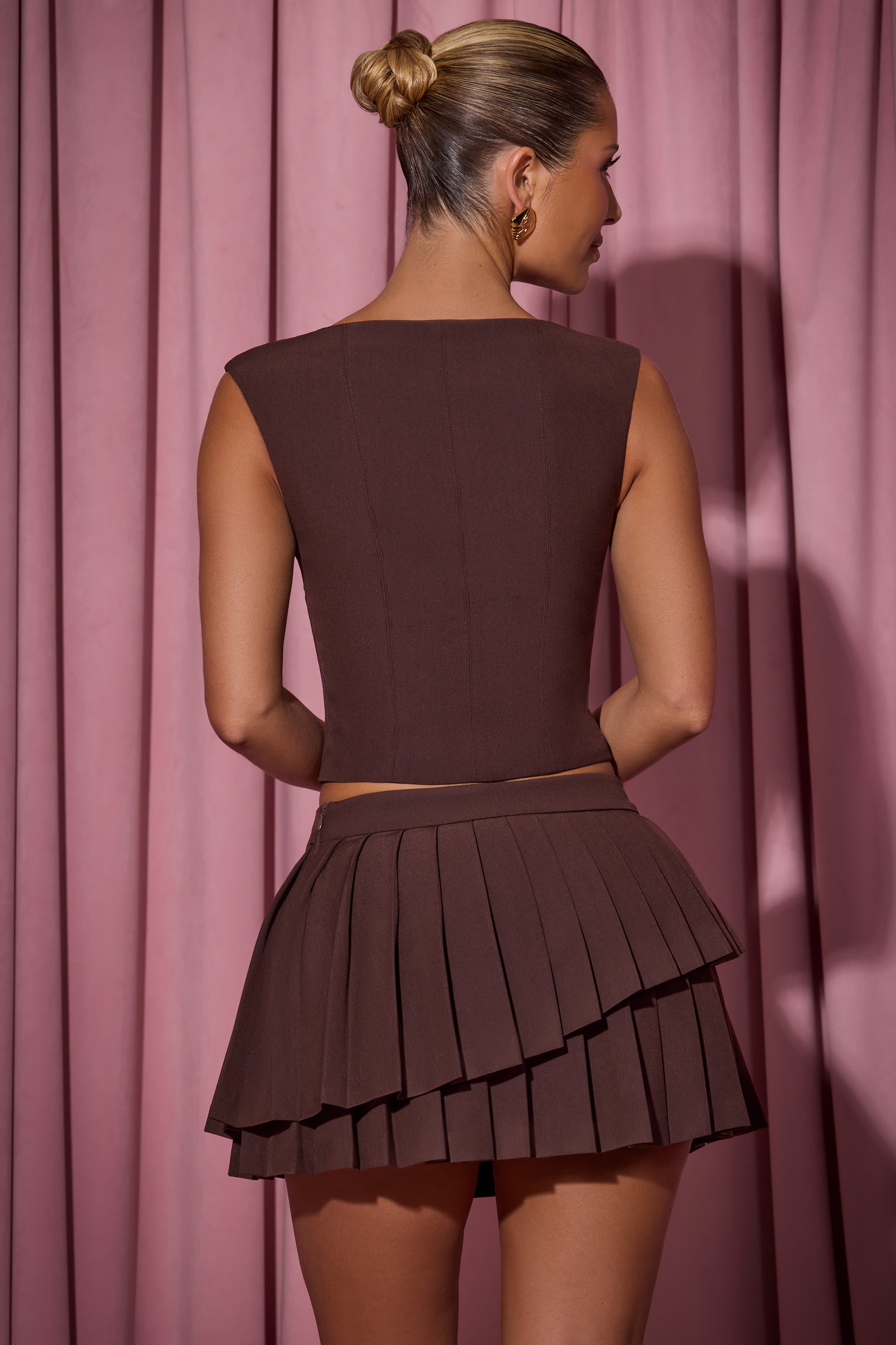 Nada Layered Pleated Low-Rise Mini Skirt in Chocolate Brown - Image 2