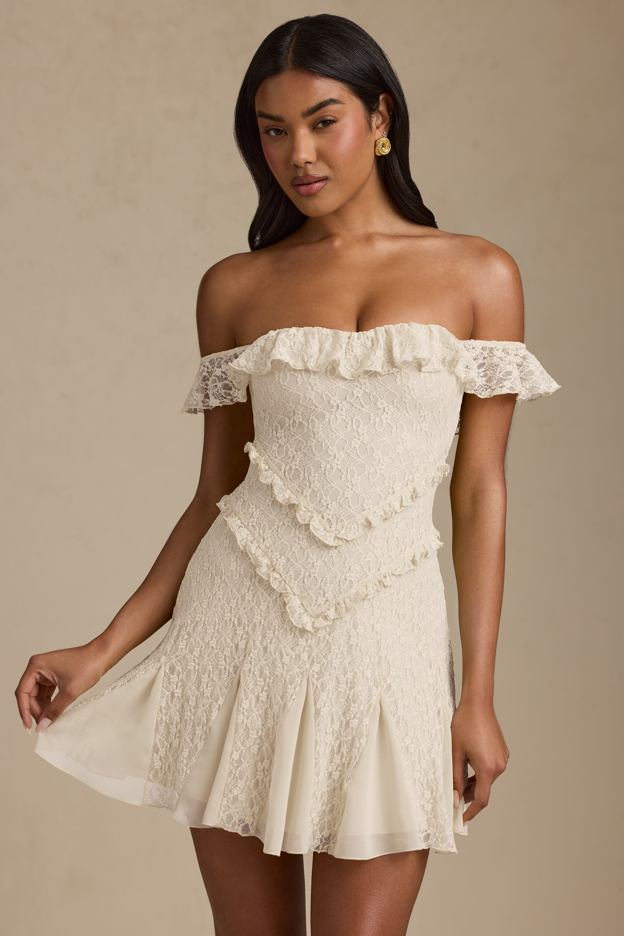 Nahida Off-Shoulder Lace A-Line Mini Dress in Ivory