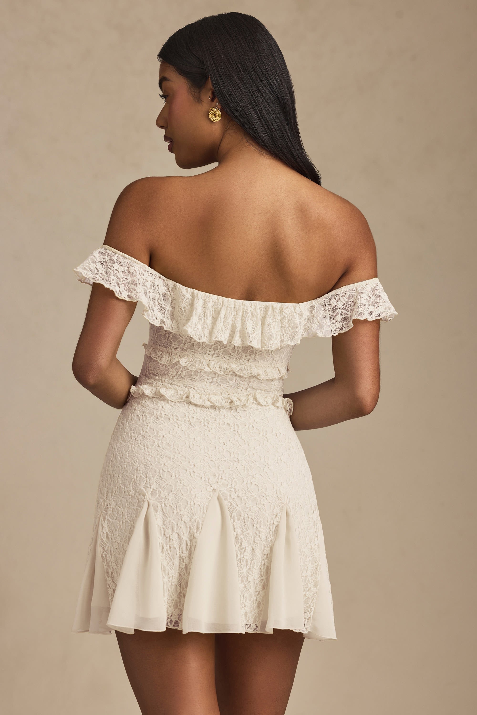 Nahida Off-Shoulder Lace A-Line Mini Dress in Ivory - Image 2
