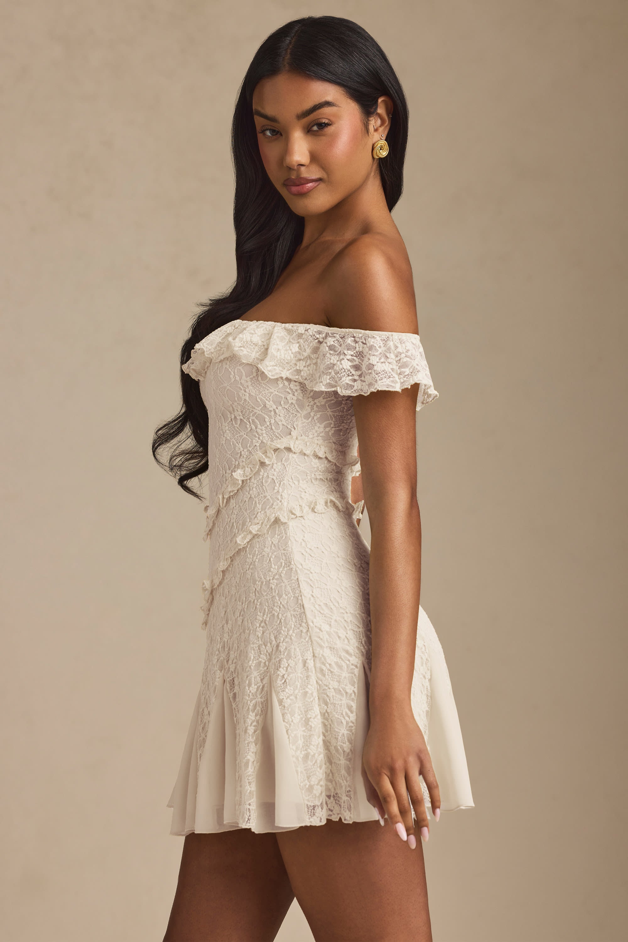 Nahida Off-Shoulder Lace A-Line Mini Dress in Ivory - Image 3