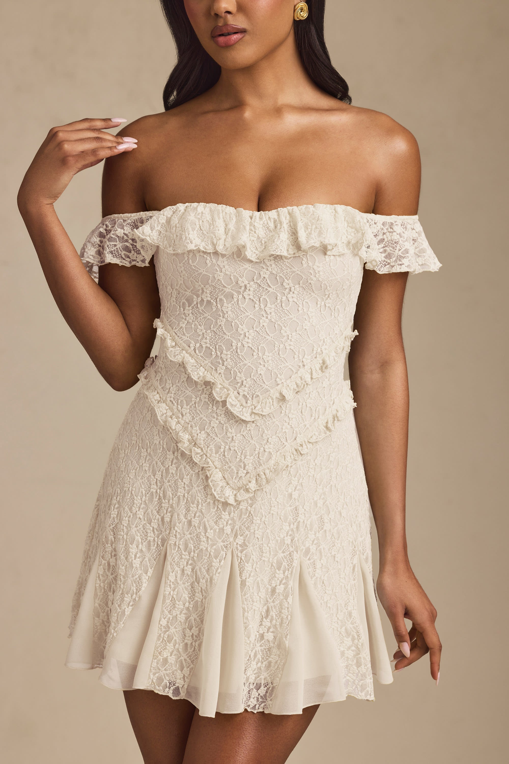 Nahida Off-Shoulder Lace A-Line Mini Dress in Ivory - Image 4