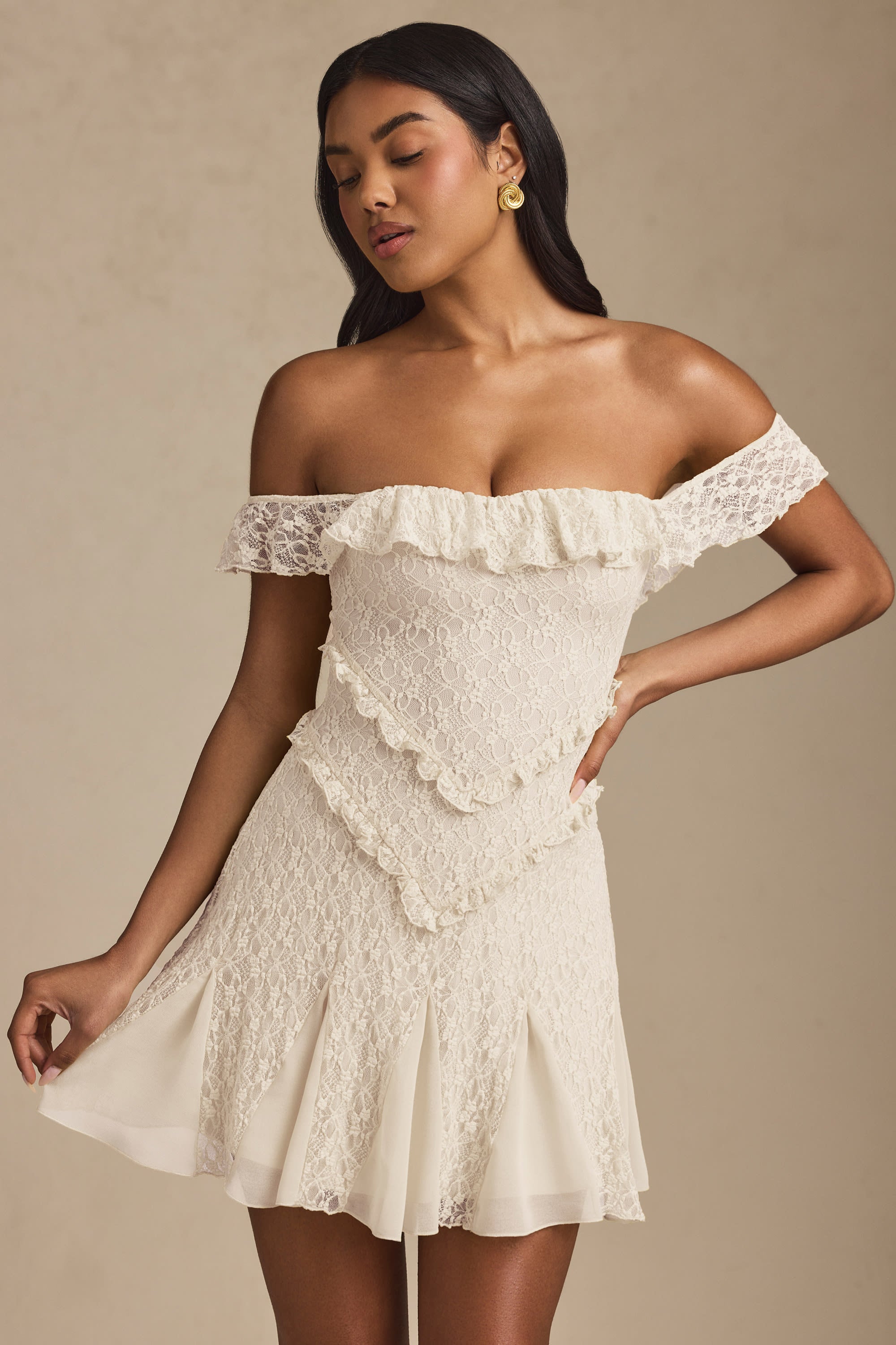 Nahida Off-Shoulder Lace A-Line Mini Dress in Ivory - Image 6