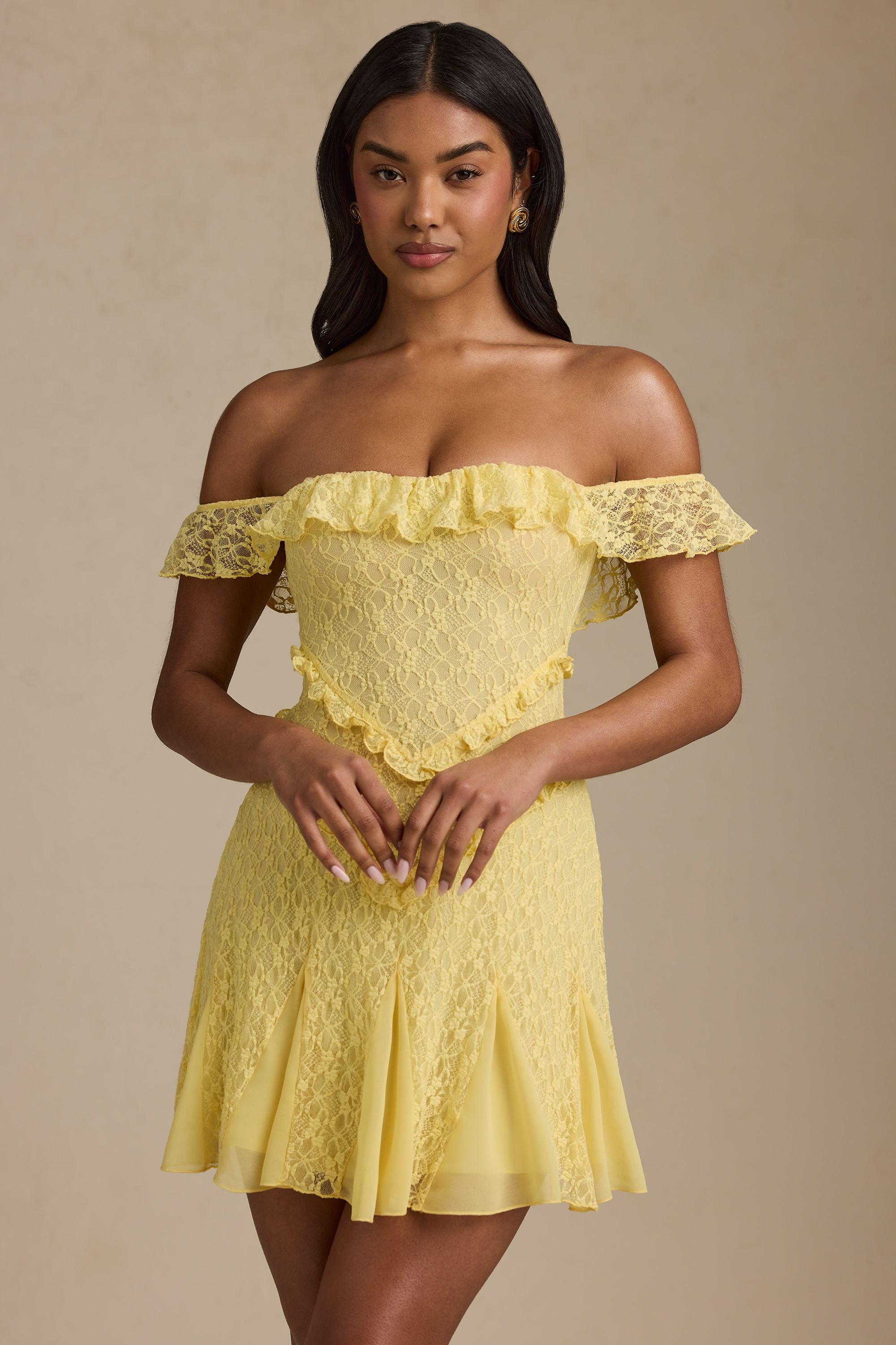 Nahida Off-Shoulder Lace A-Line Mini Dress in Pastel Yellow