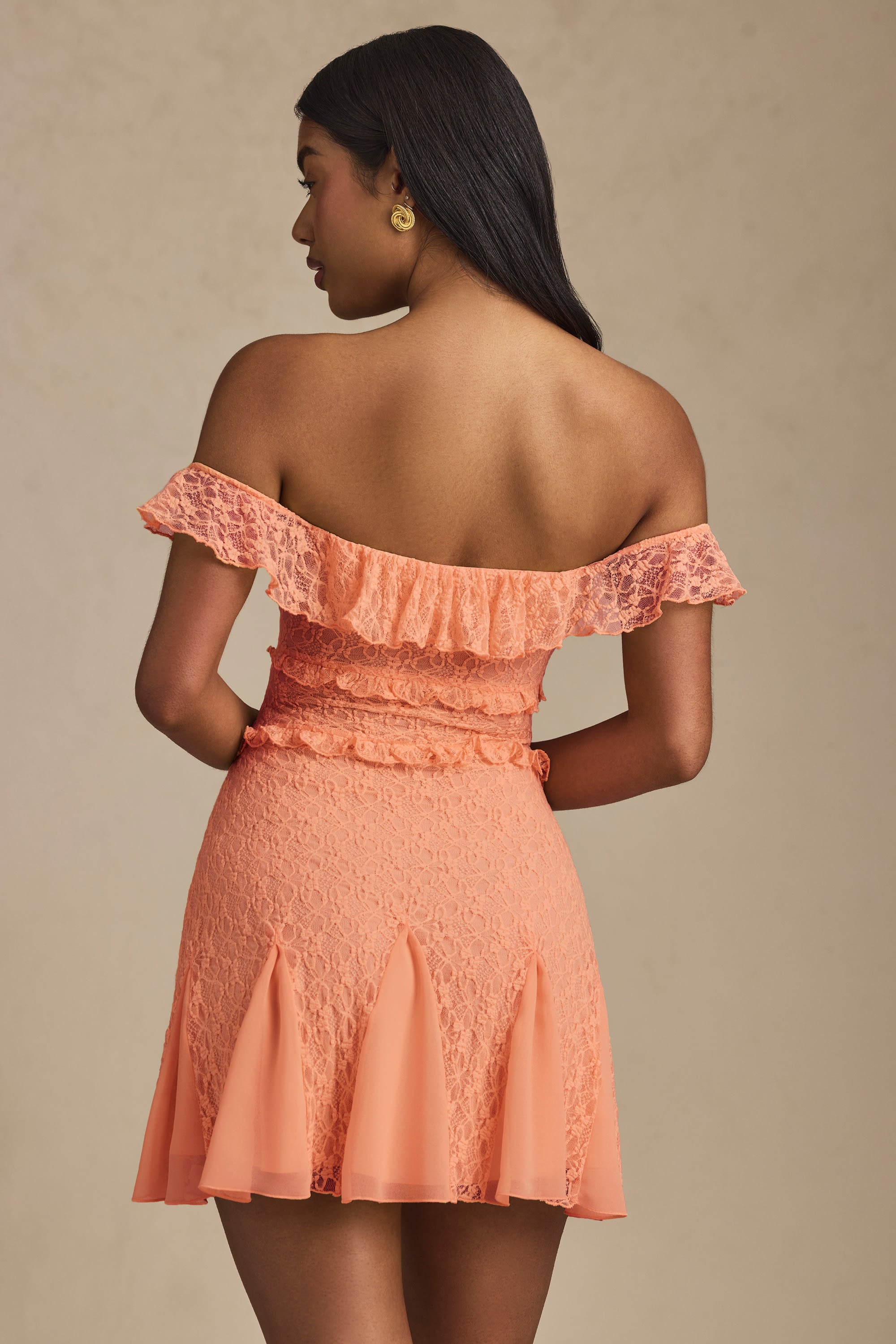 Nahida Off-Shoulder Lace A-Line Mini Dress in Peach - Image 2