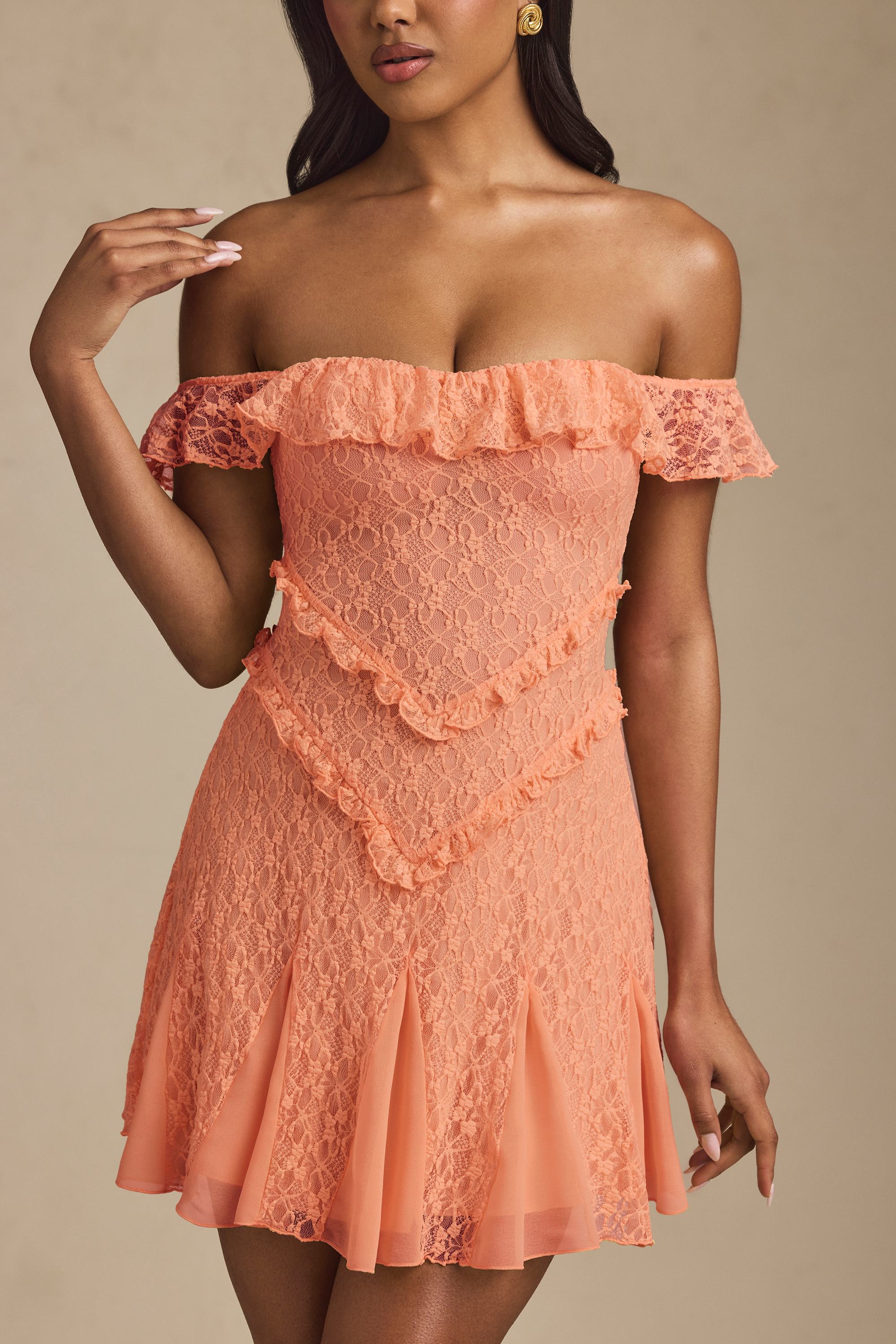Nahida Off-Shoulder Lace A-Line Mini Dress in Peach - Image 4