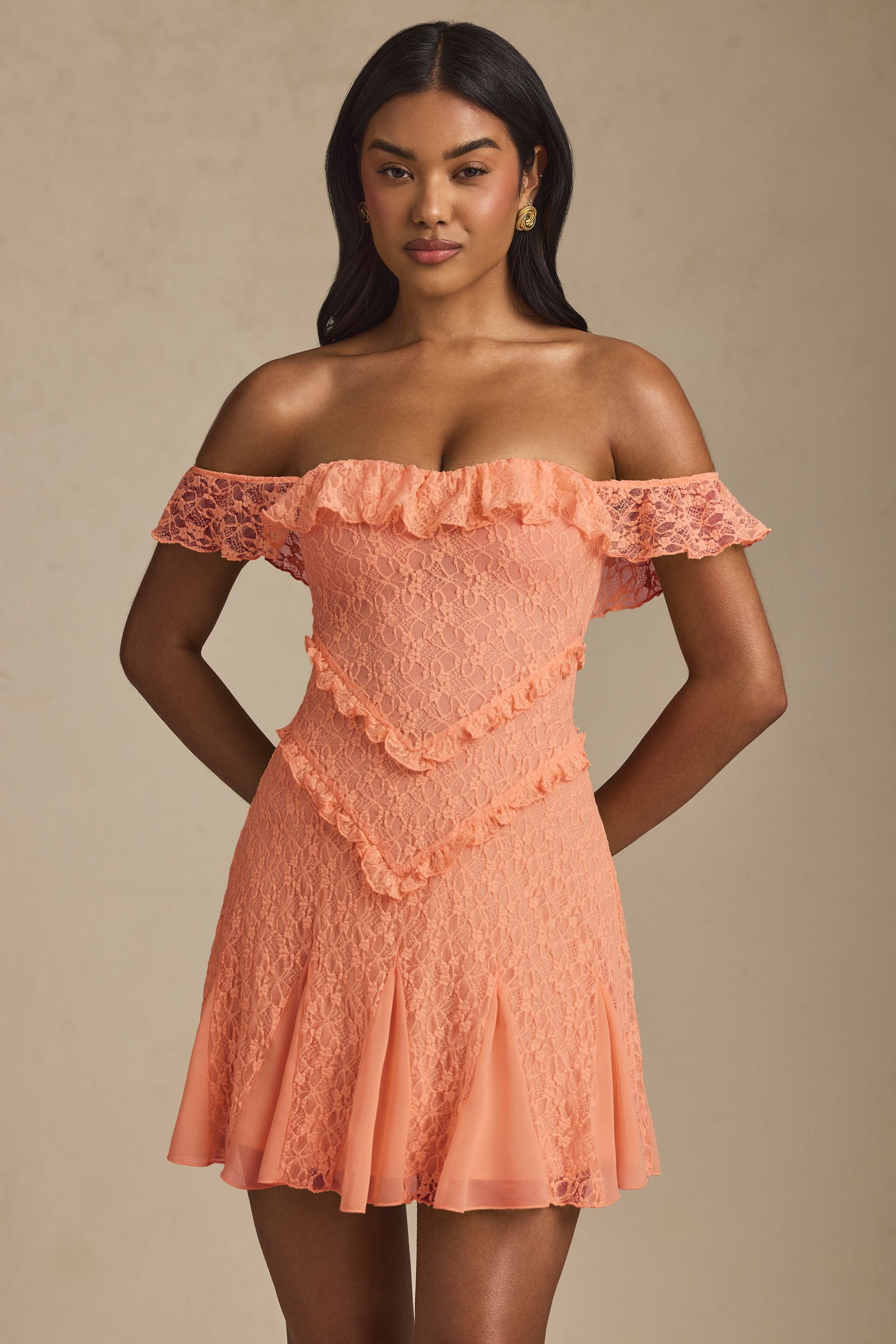 Nahida Off-Shoulder Lace A-Line Mini Dress in Peach - Image 6