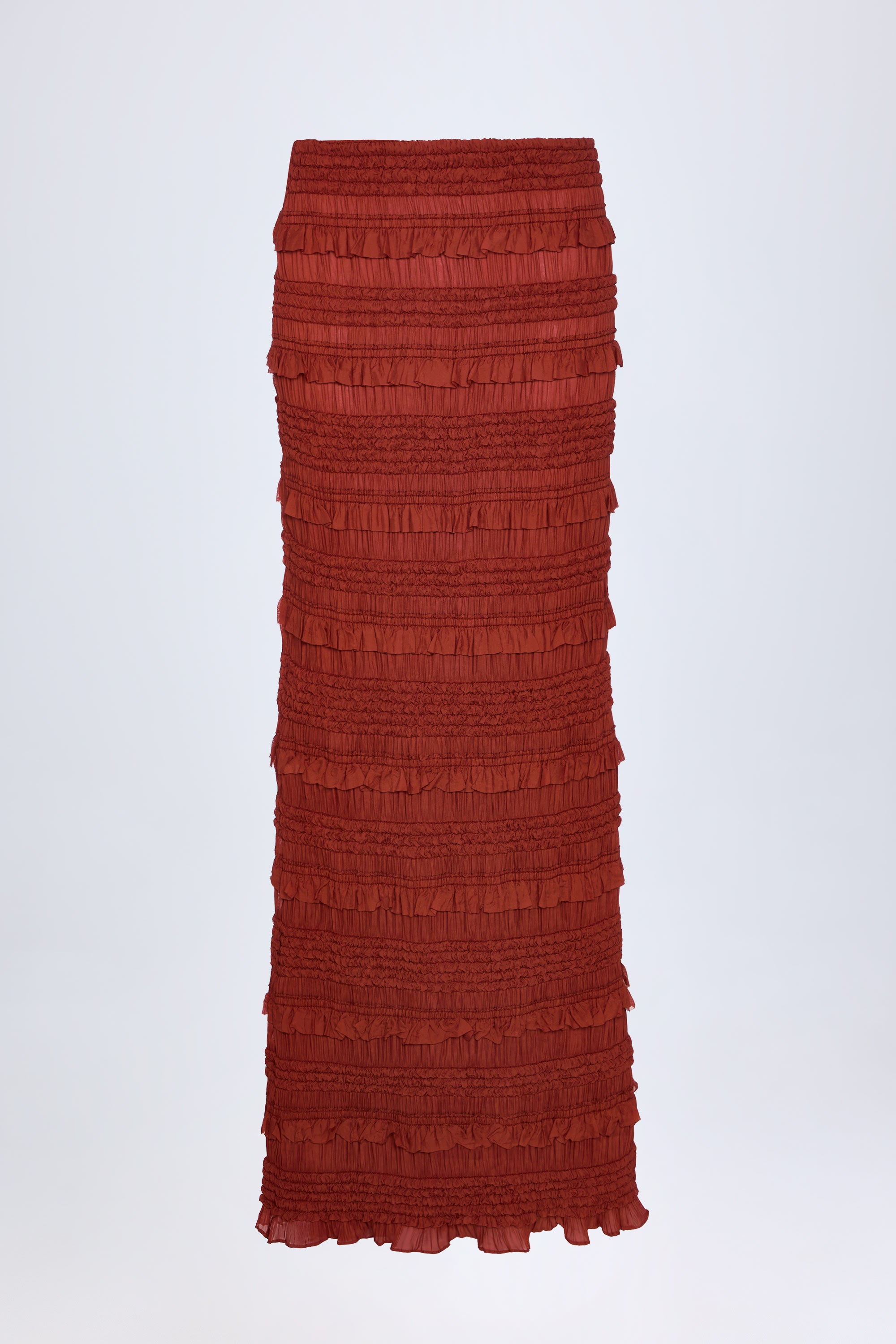 Naima Ruffled Mid-Rise Maxi Skirt in Burnt Red