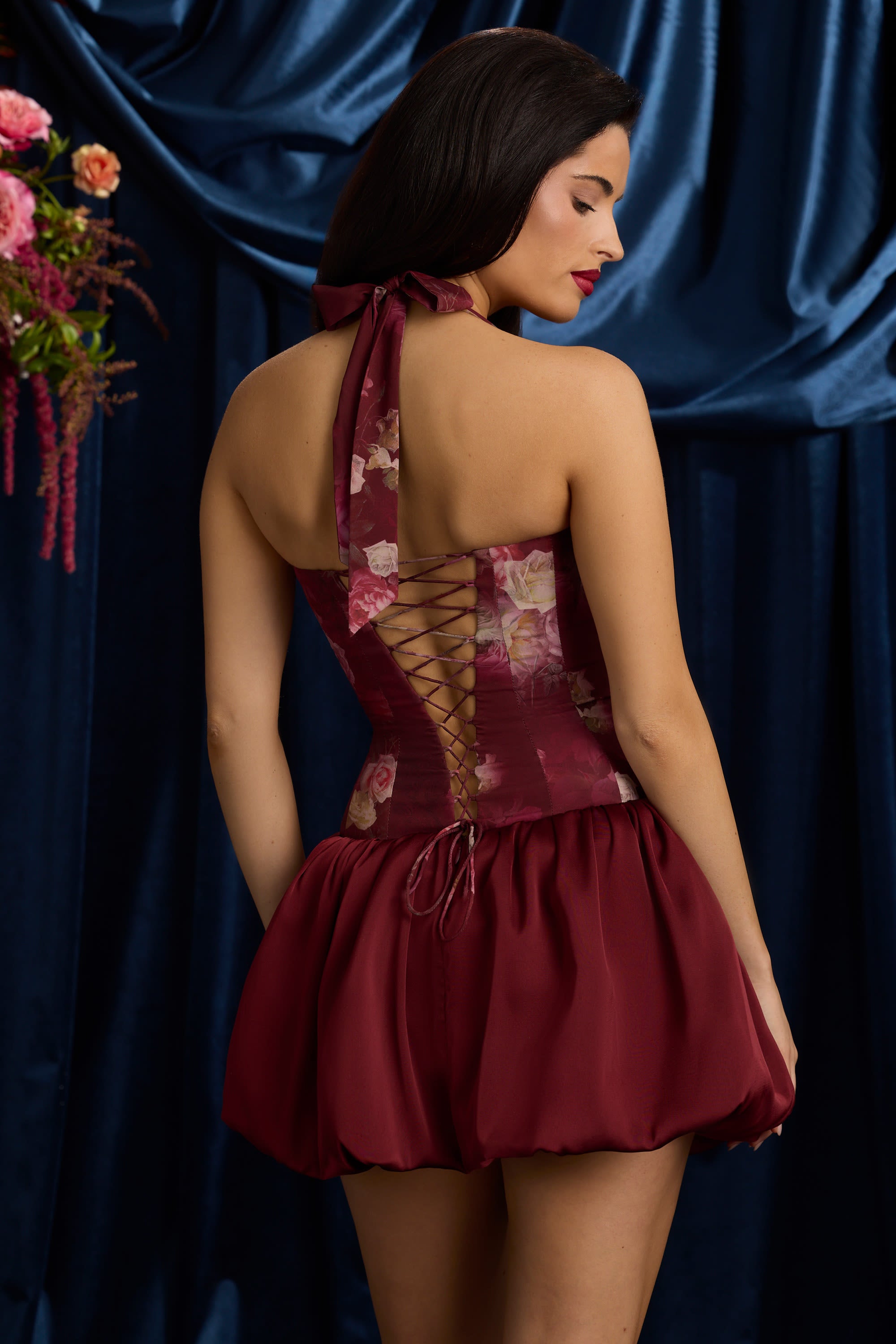 Nanala Halterneck Lace-Up Bubble Hem Mini Dress in Maroon Floral Print - Image 7