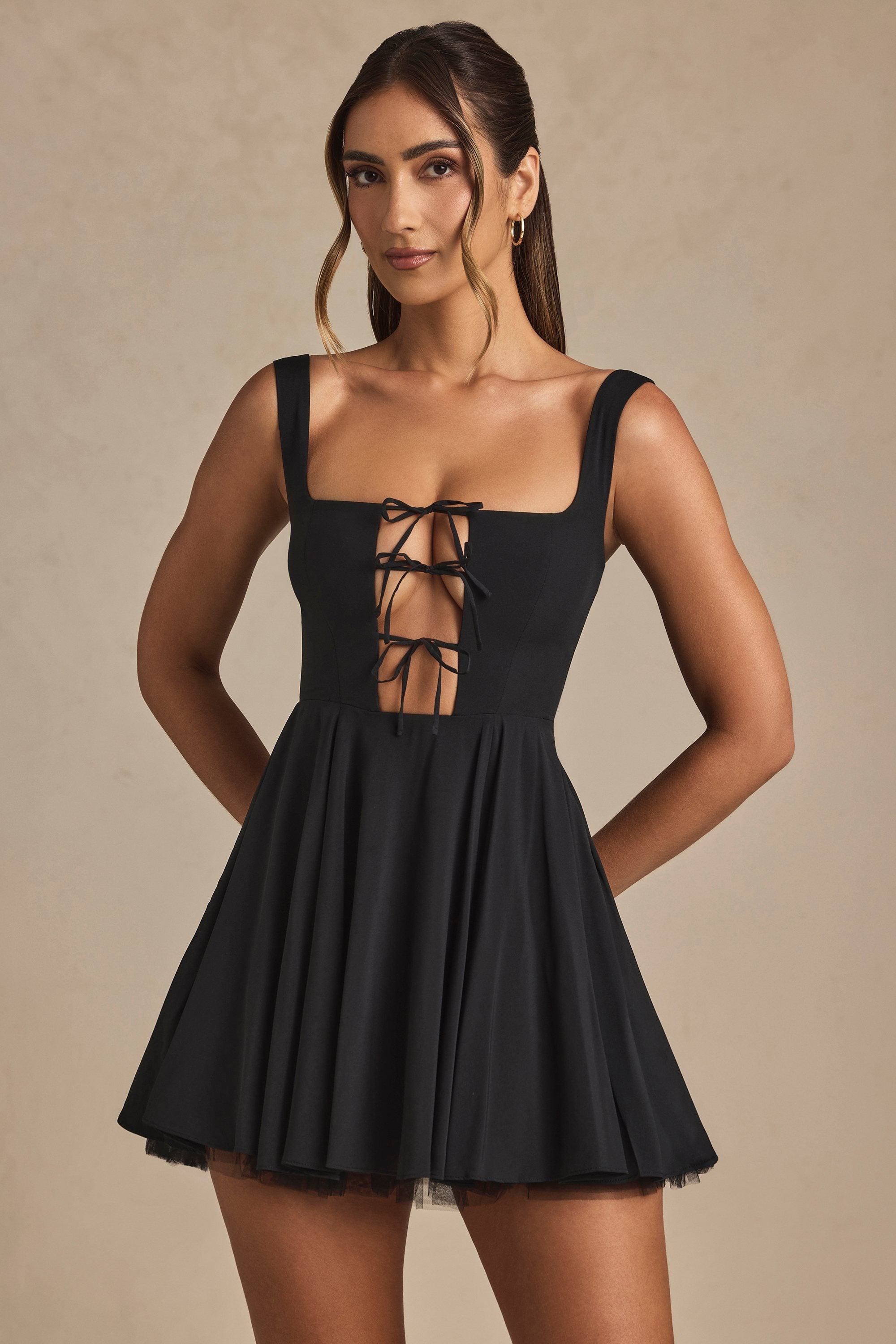 Nanisca Tie-Detail A-Line Micro Mini Dress in Black