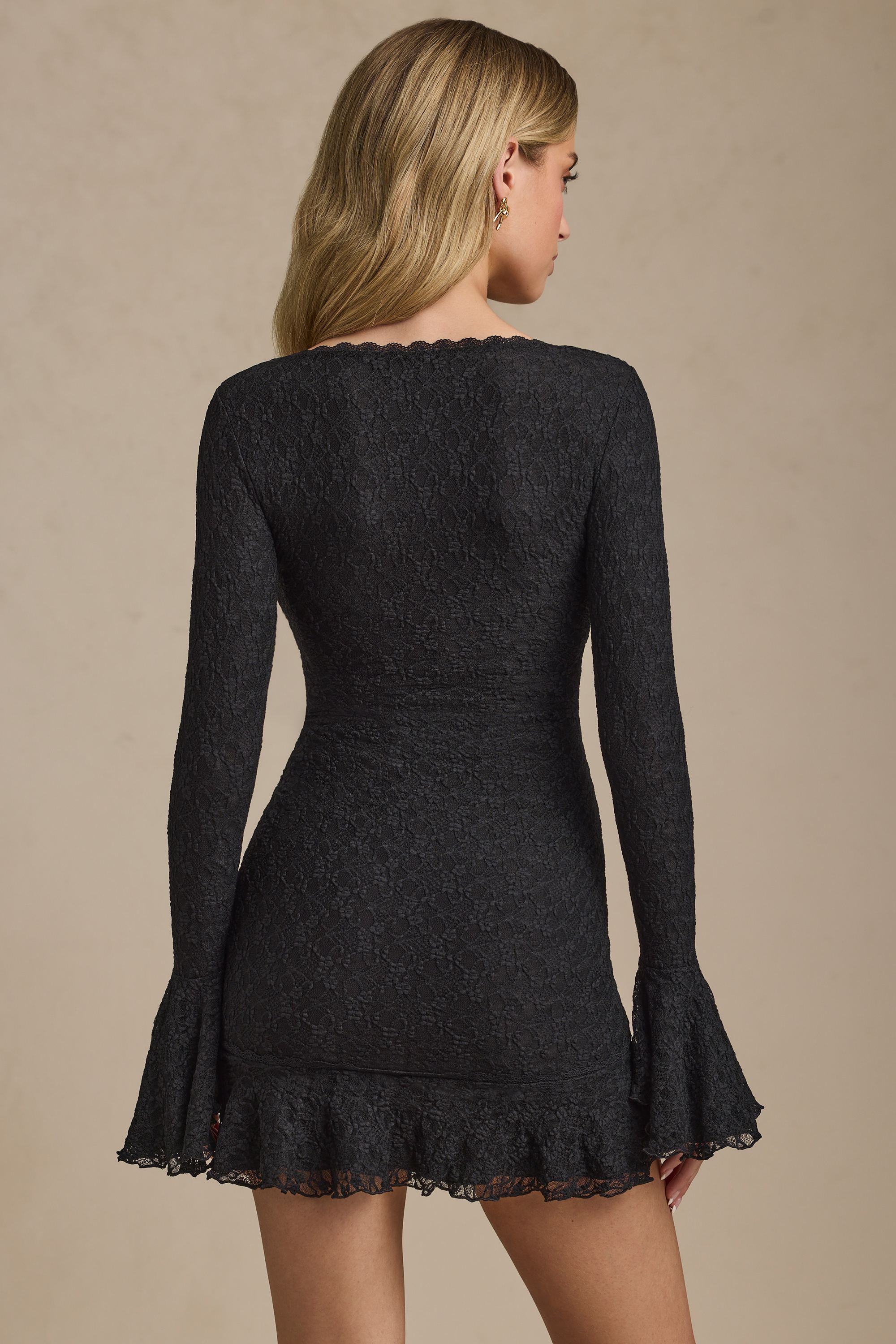 Nara Long-Sleeve Ruffled Lace Mini Dress in Black - Image 2