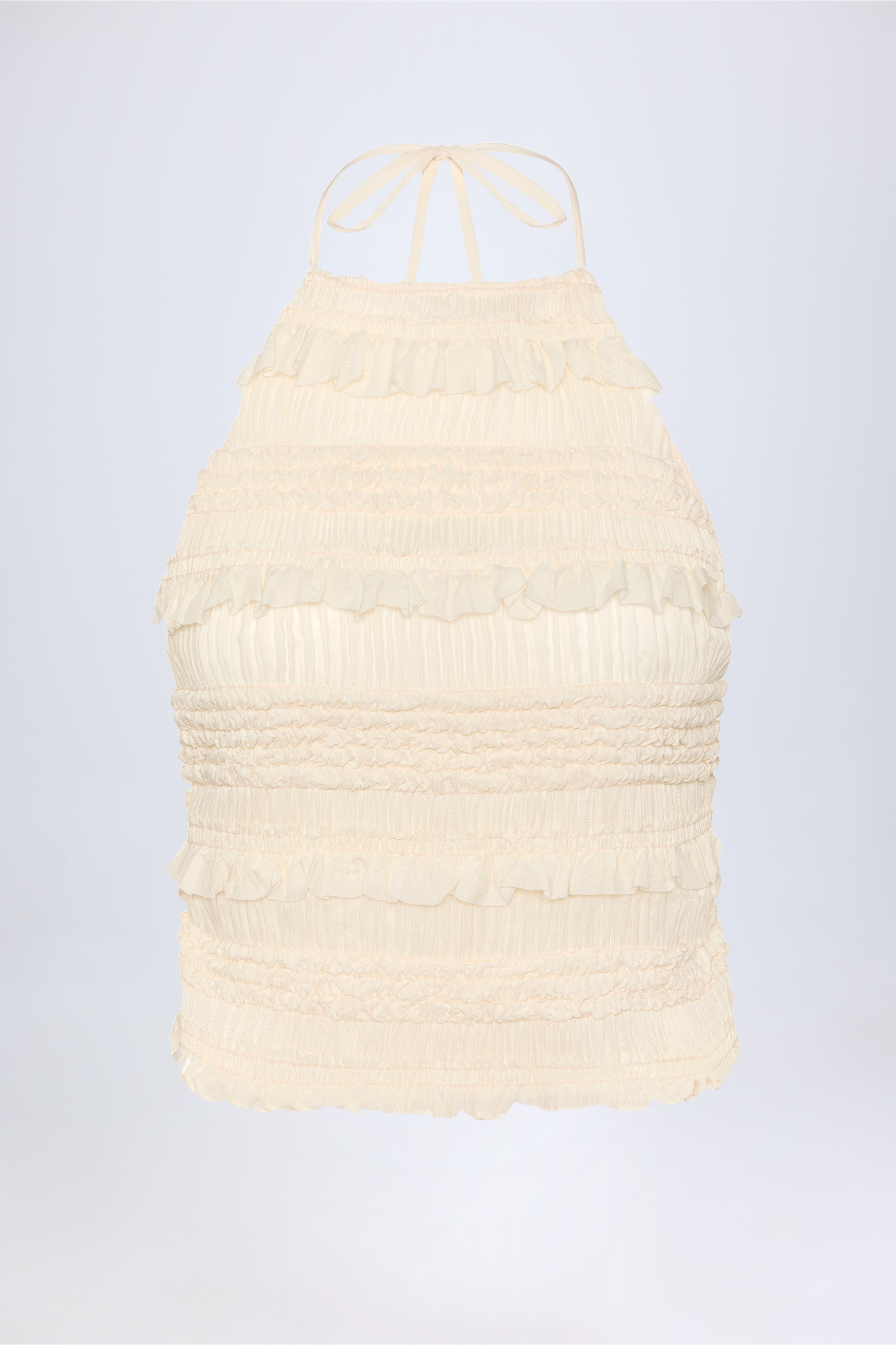 Natesha Ruffled High-Neck Backless Top in Ivory