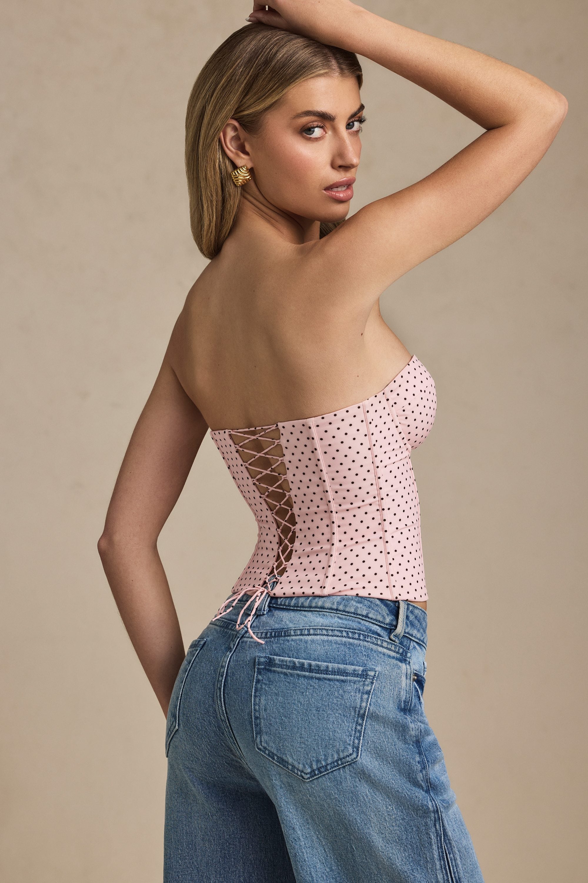 Natya Lace-Up Strapless Corset Top in Pink Polka Dot - Image 2