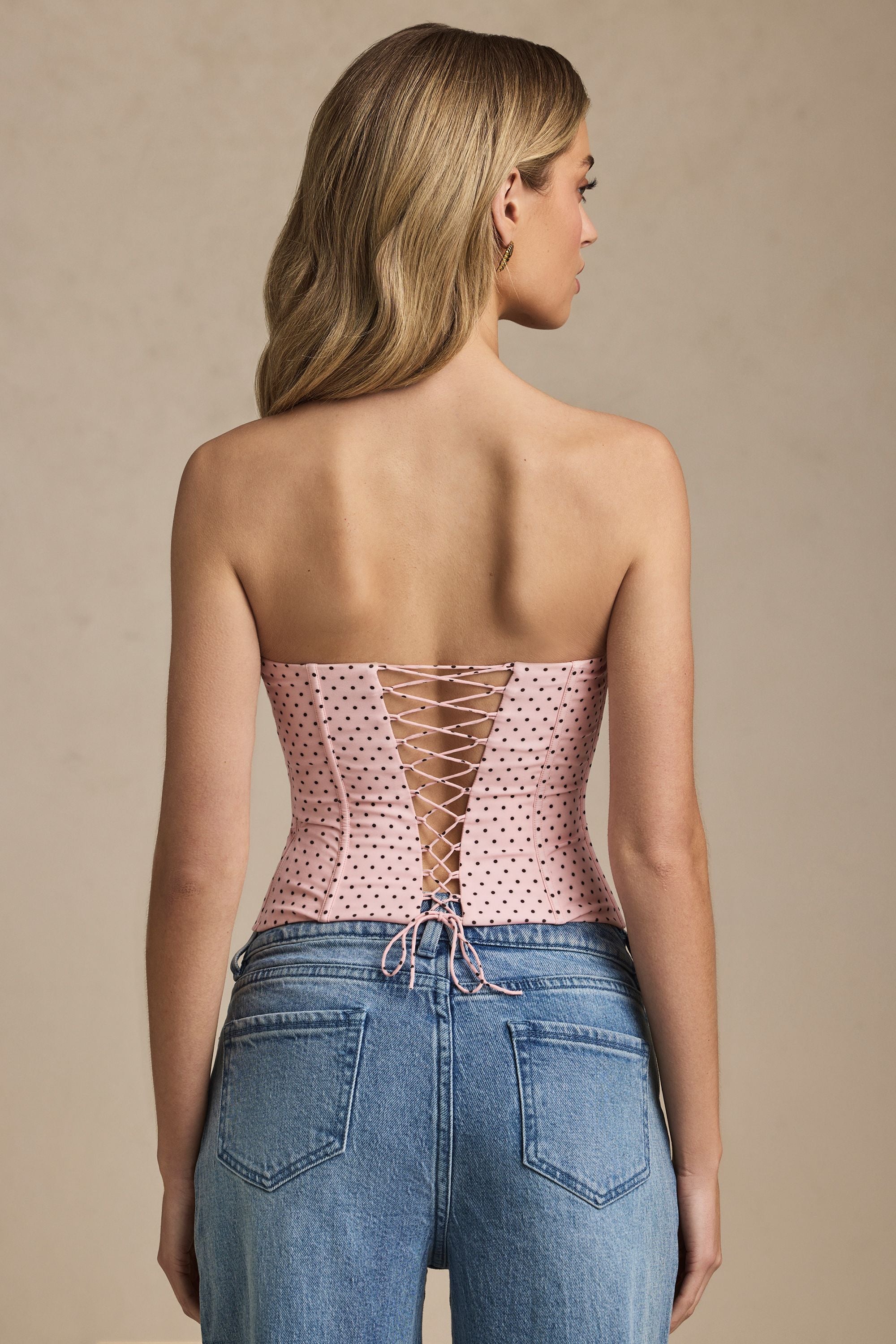 Natya Lace-Up Strapless Corset Top in Pink Polka Dot - Image 3