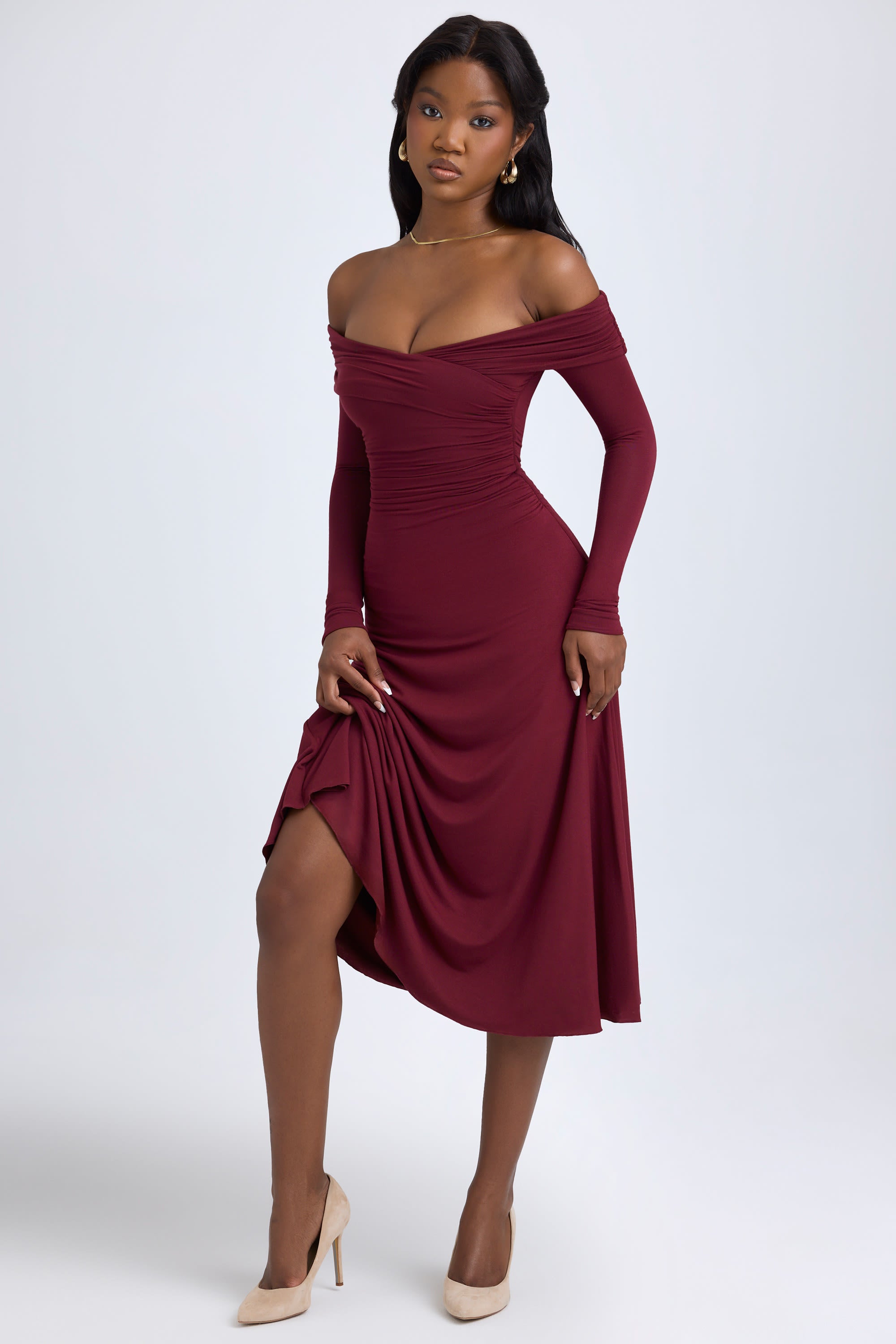 Noelle Modal Off-Shoulder Ruched Midaxi Dress in Wine Red
