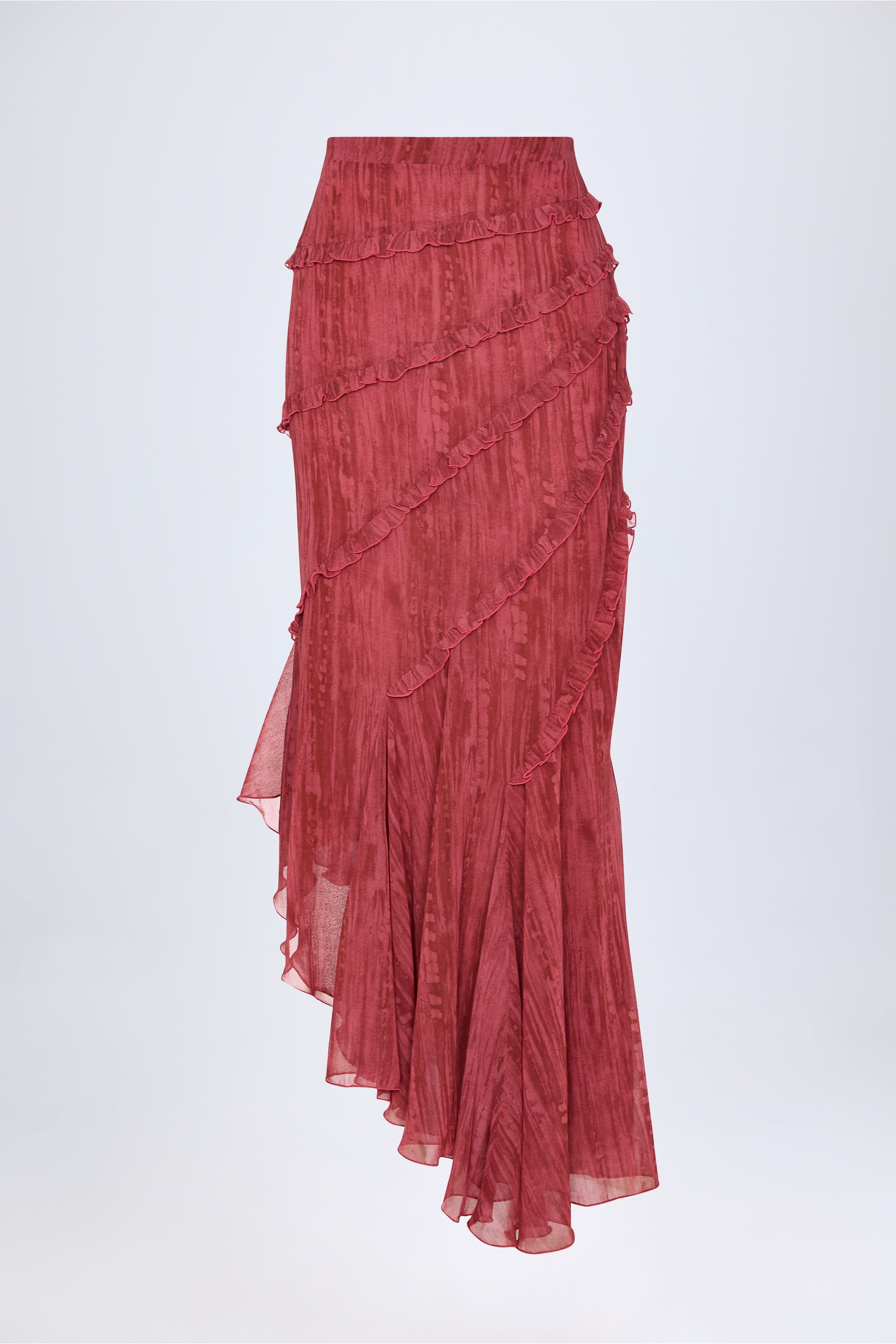 Novina Ruffled Asymmetric Mid-Rise Maxi Skirt in Red Print