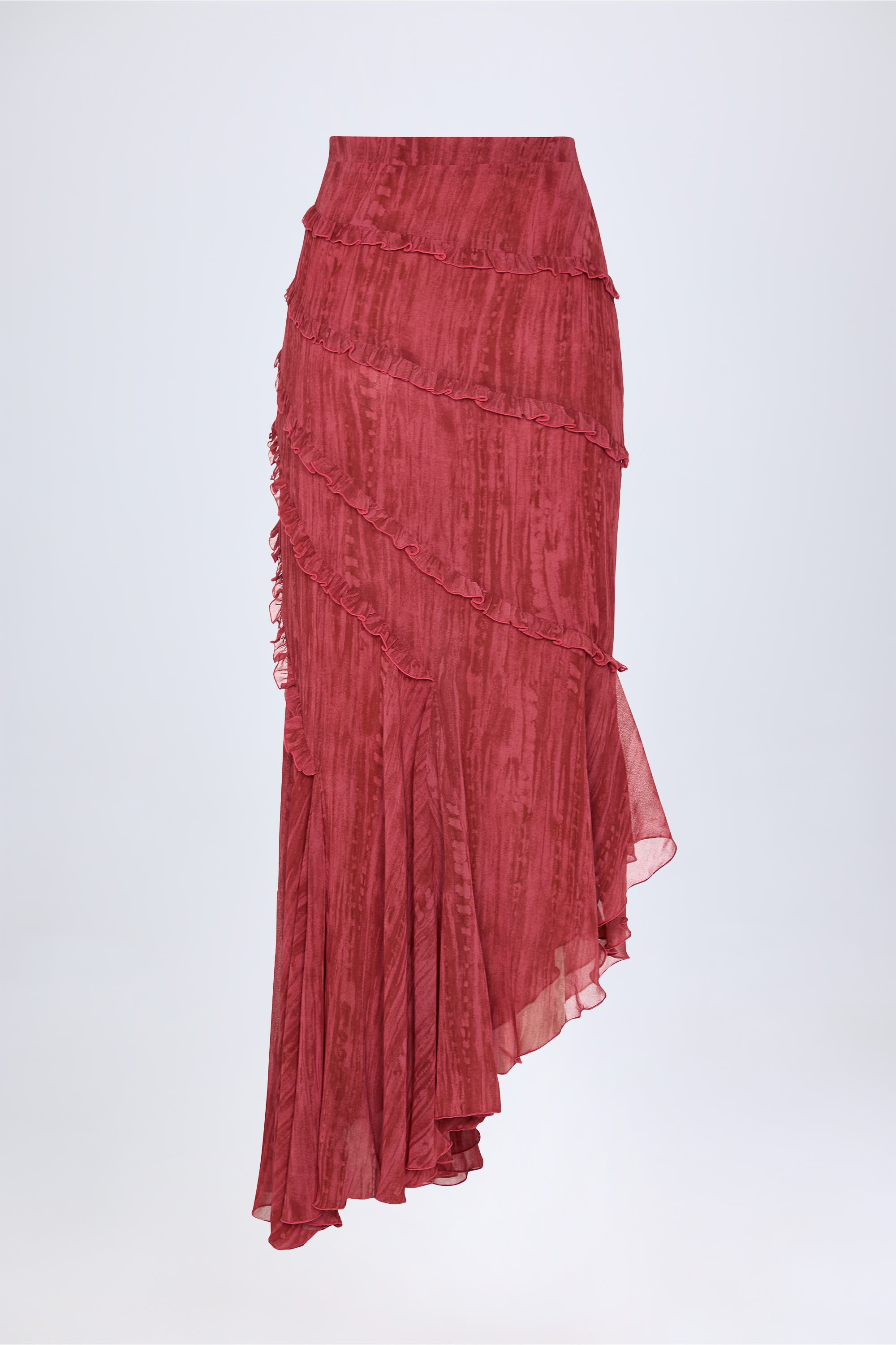 Novina Ruffled Asymmetric Mid-Rise Maxi Skirt in Red Print - Image 4