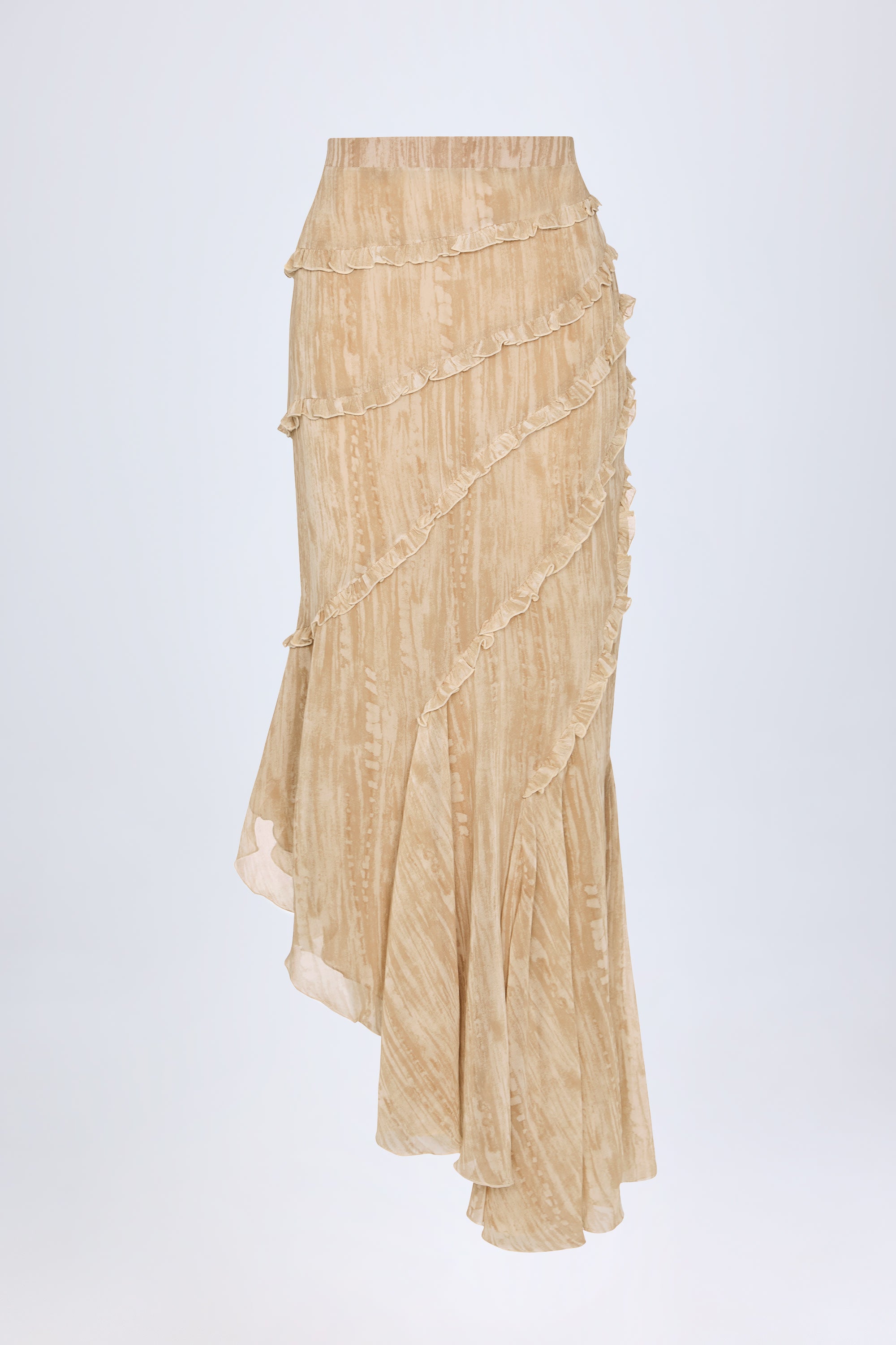 Novina Ruffled Asymmetric Mid-Rise Maxi Skirt in Tan Print