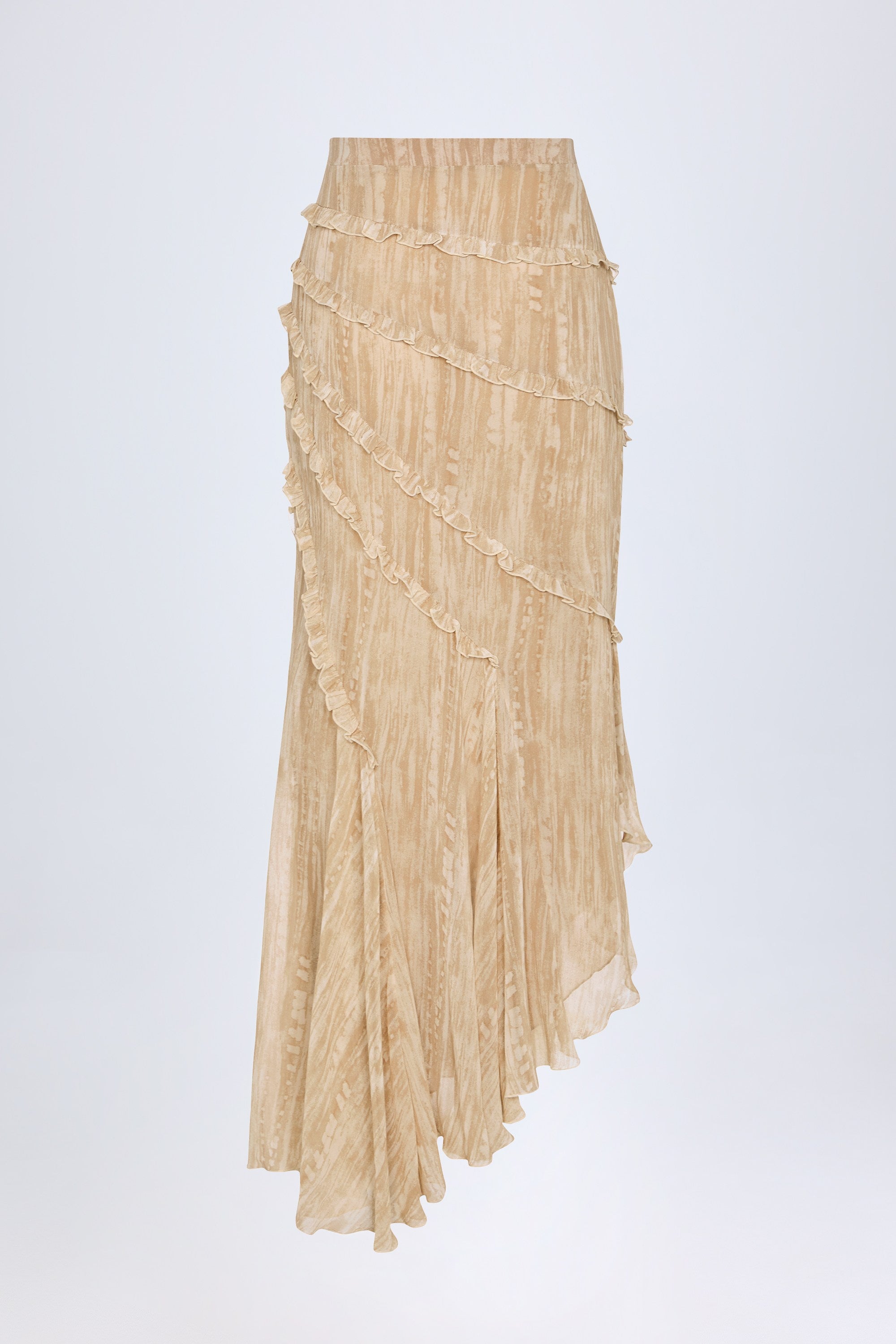 Novina Ruffled Asymmetric Mid-Rise Maxi Skirt in Tan Print - Image 6