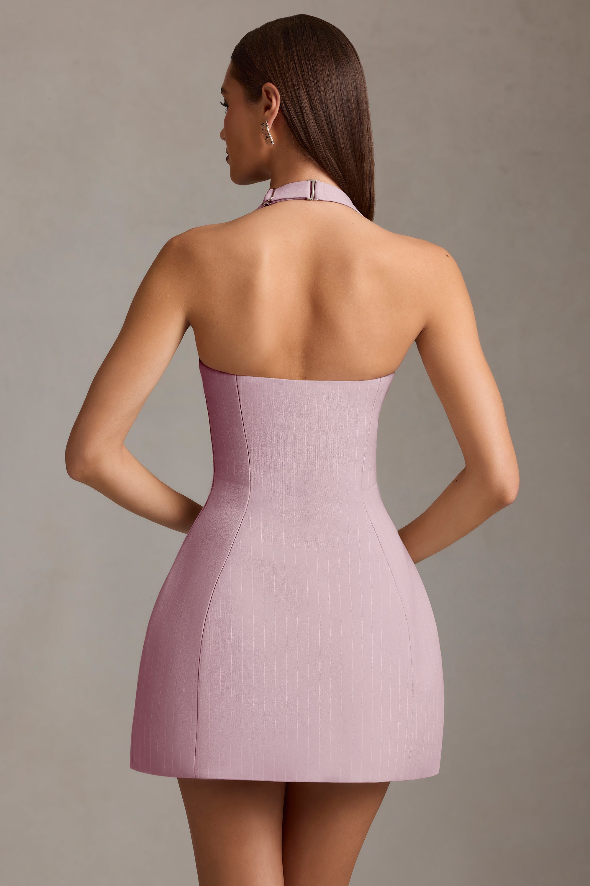 Odessa Pinstripe Halterneck Structured A-Line Mini Dress in Mauve - Image 3
