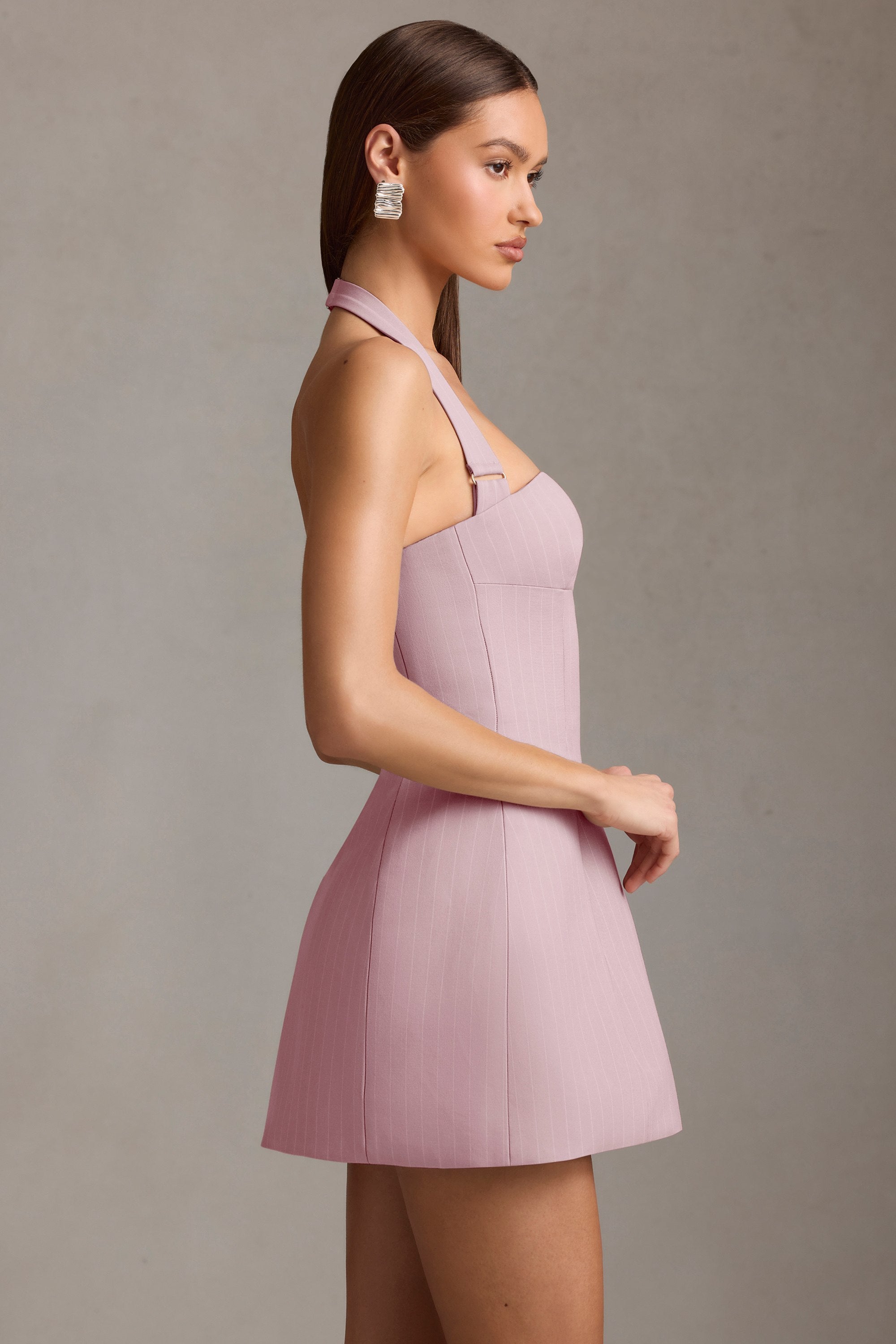 Odessa Pinstripe Halterneck Structured A-Line Mini Dress in Mauve - Image 4