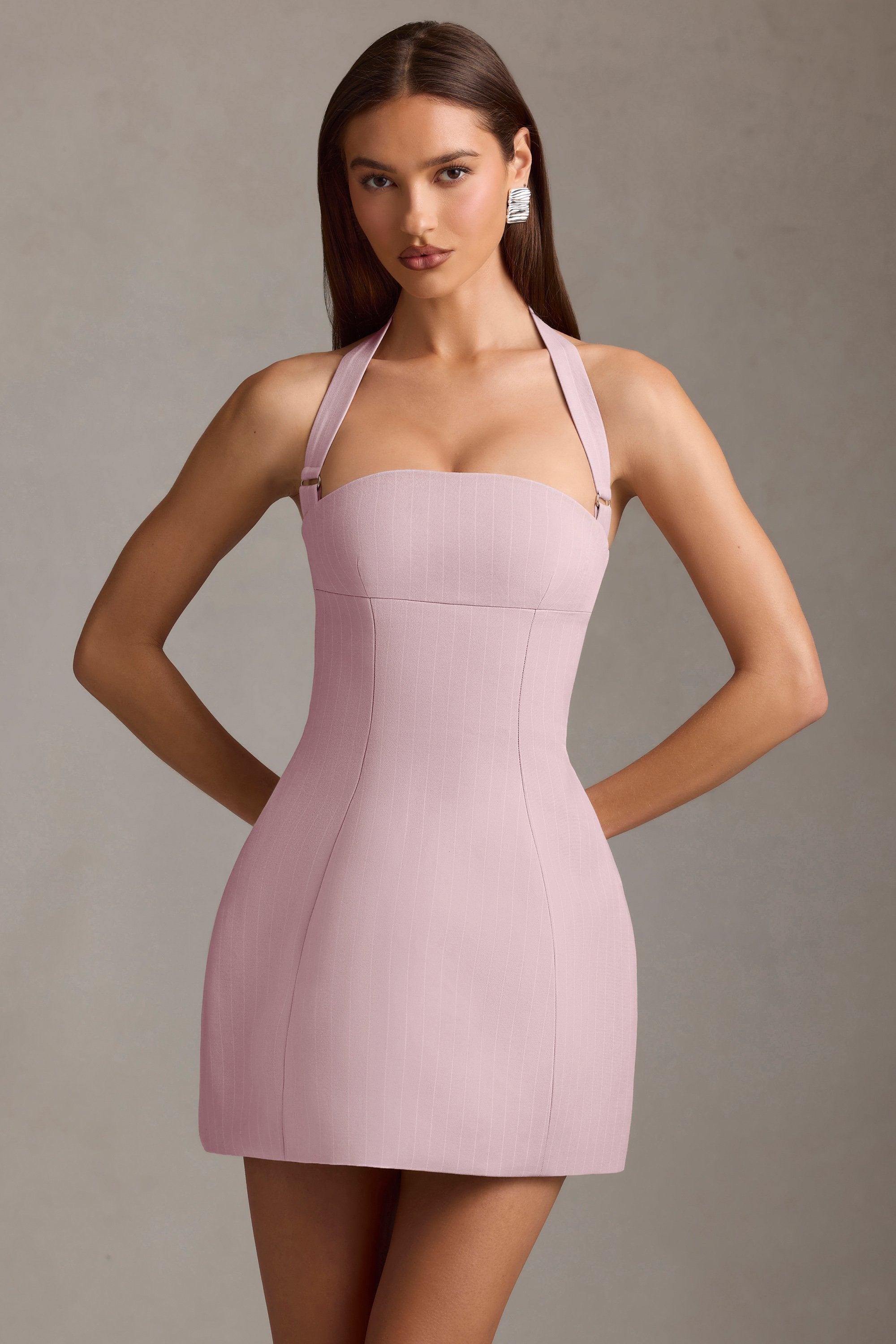 Odessa Pinstripe Halterneck Structured A-Line Mini Dress in Mauve - Image 7