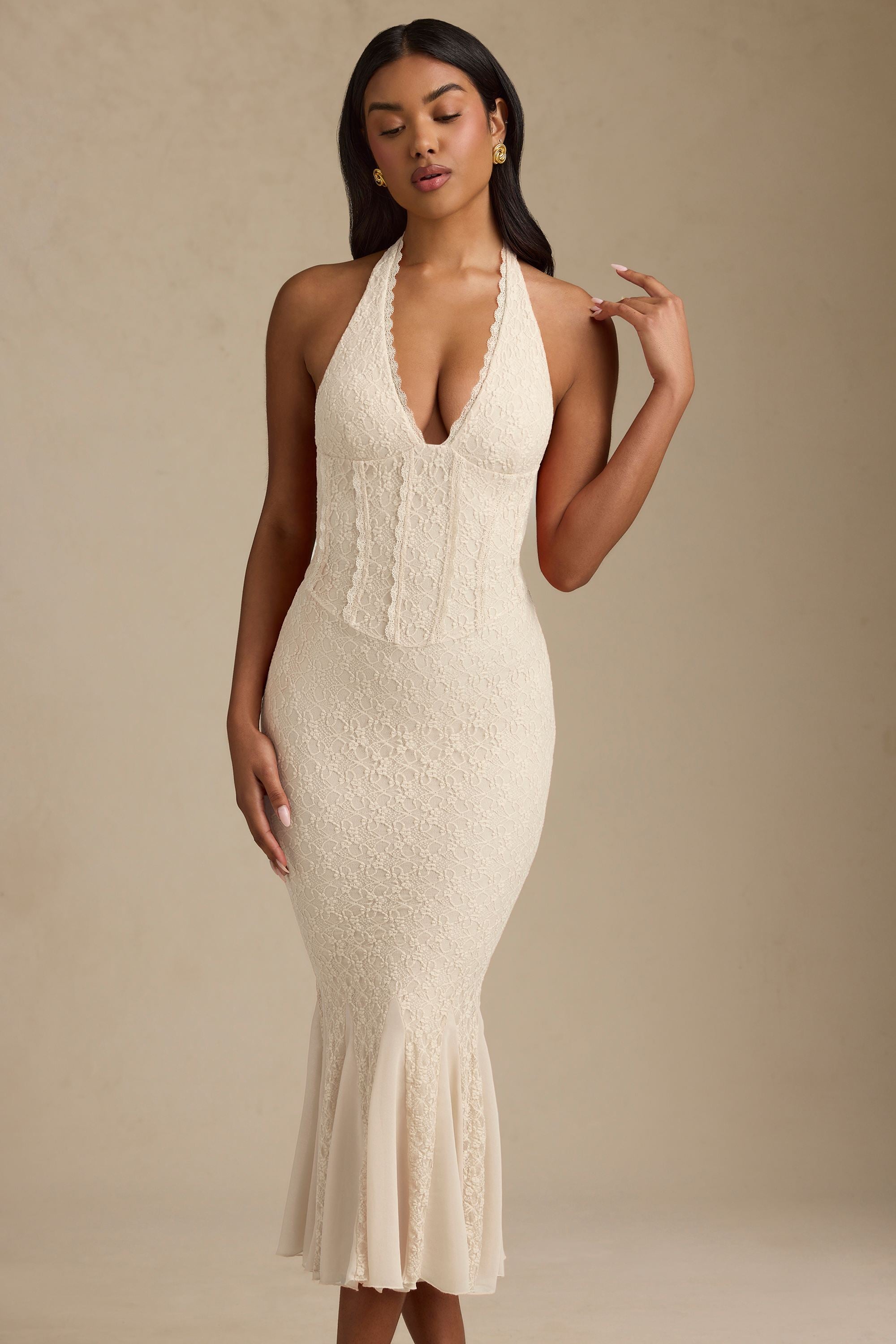 Olena Halterneck Corset Lace Midaxi Dress in Ivory