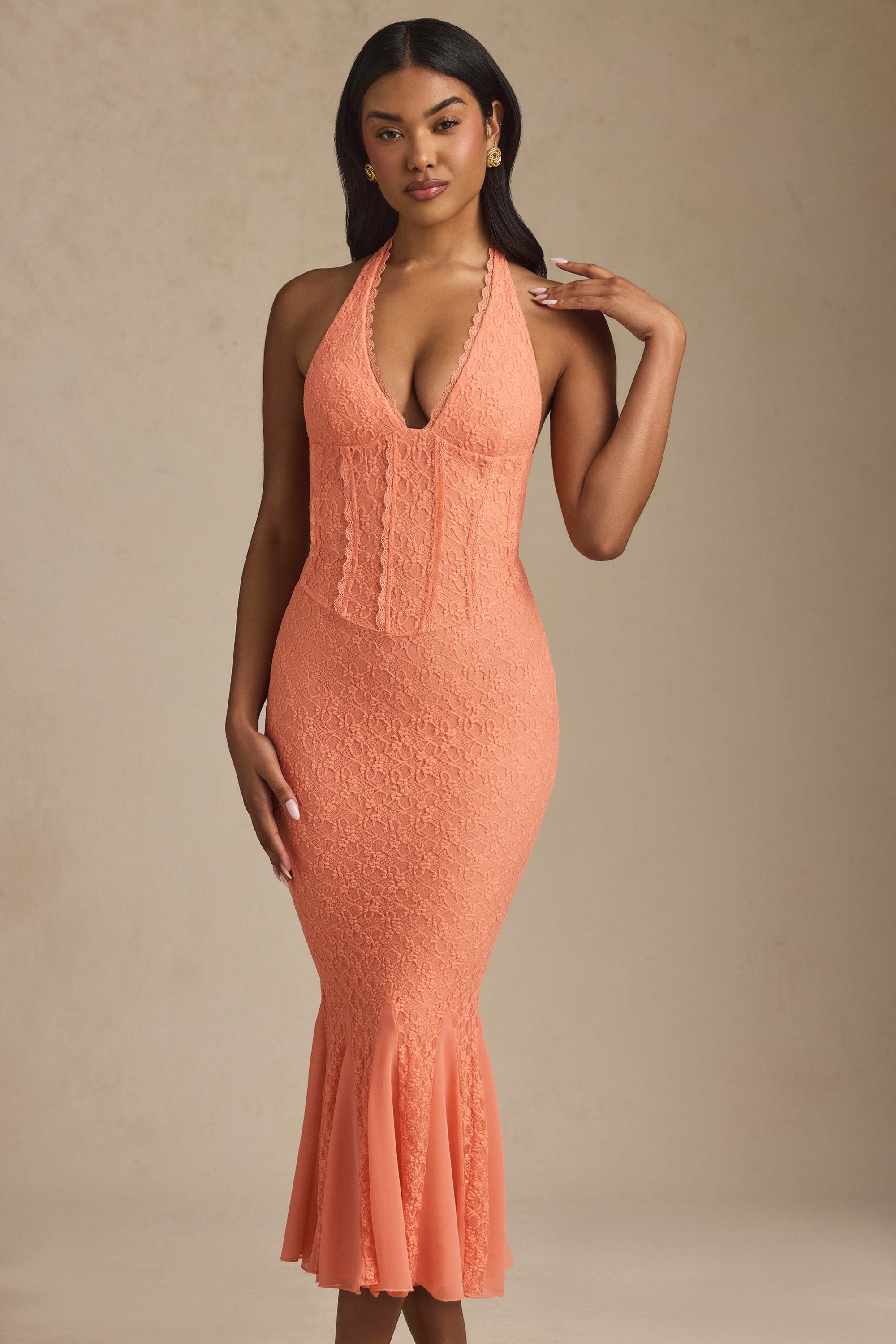 Olena Halterneck Corset Lace Midaxi Dress in Peach
