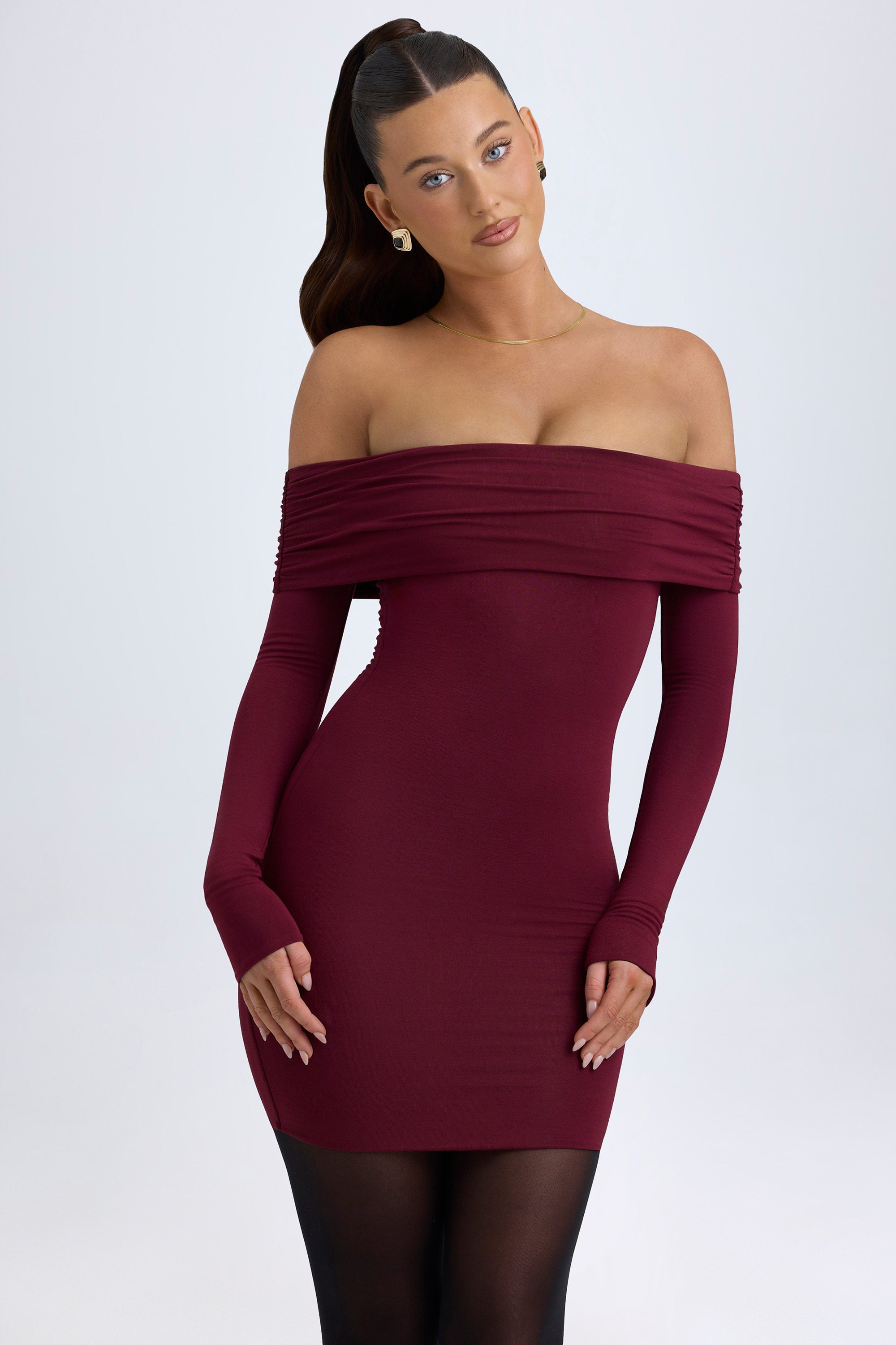 Oriana Modal Off-Shoulder Mini Dress in Wine Red - Image 2