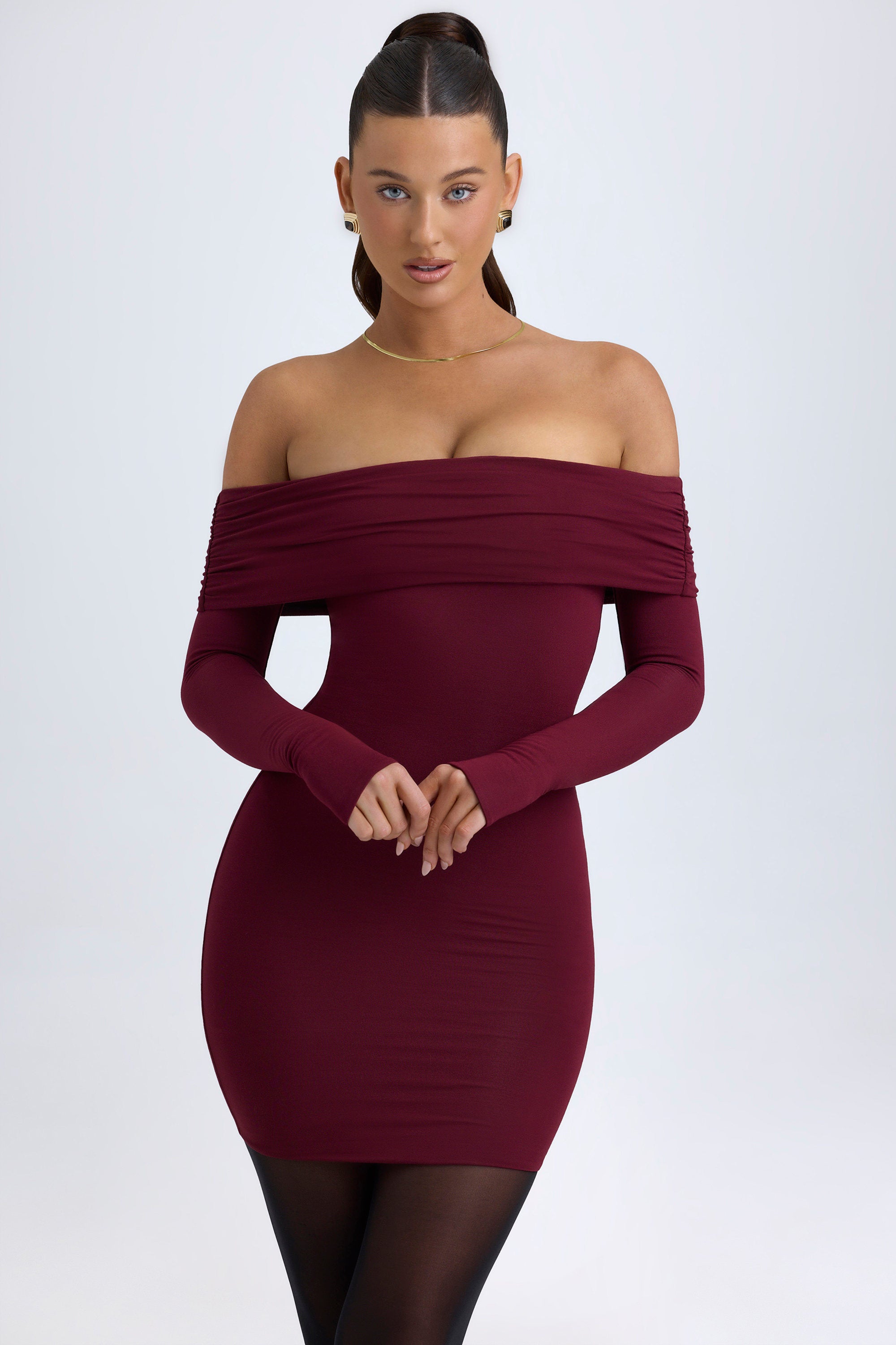 Oriana Modal Off-Shoulder Mini Dress in Wine Red - Image 14