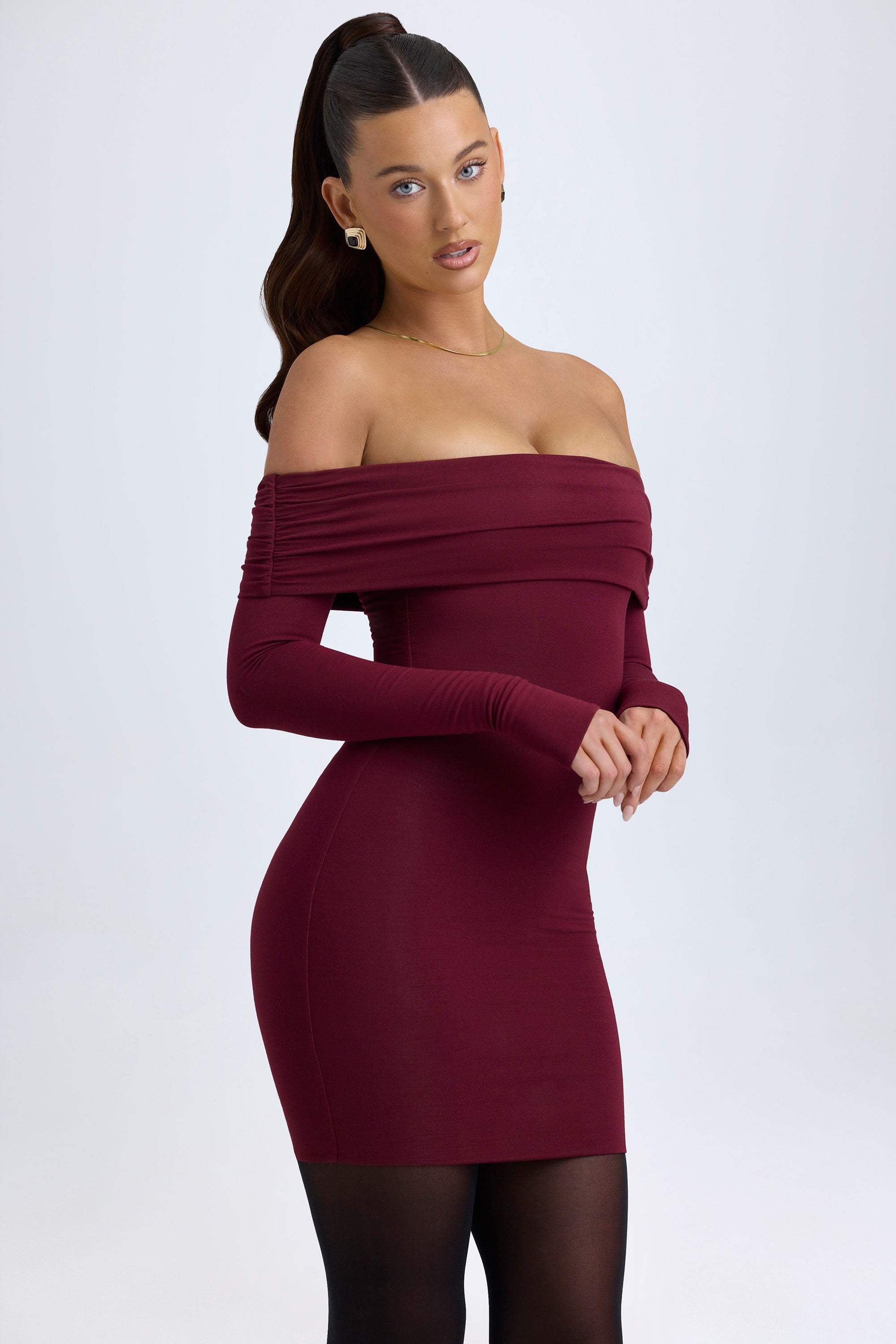 Oriana Modal Off-Shoulder Mini Dress in Wine Red - Image 15
