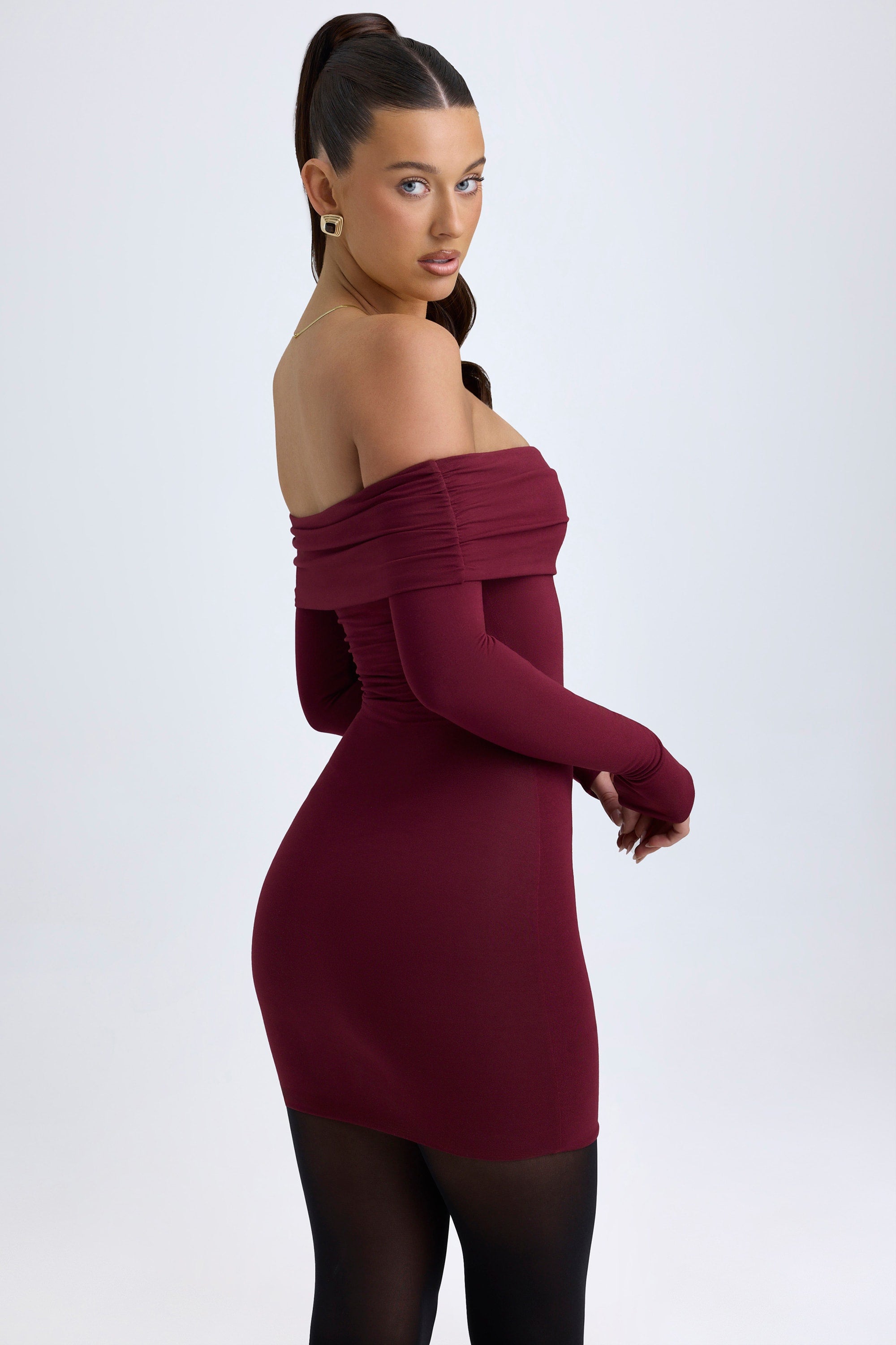 Oriana Modal Off-Shoulder Mini Dress in Wine Red - Image 9