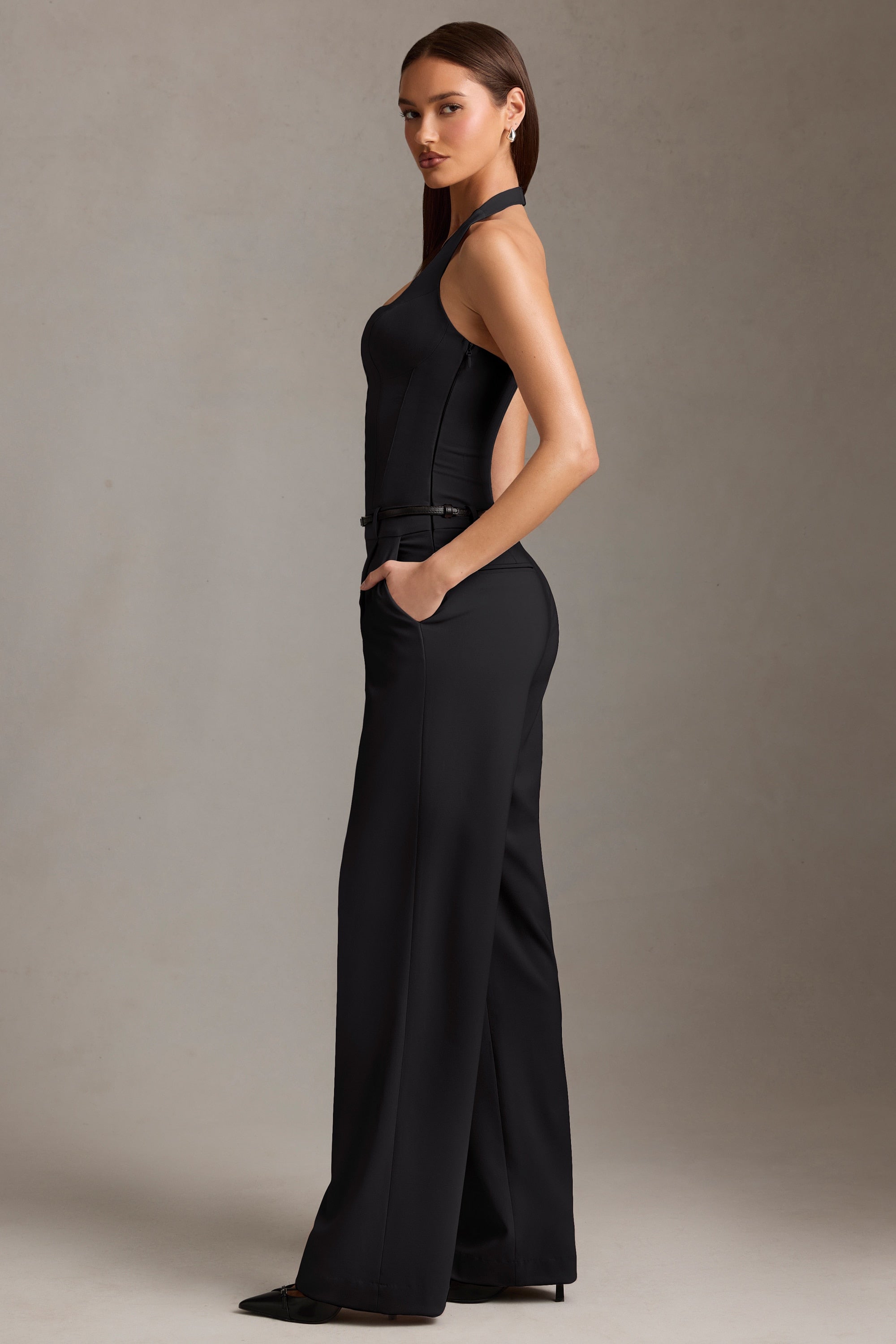 Orielle Corset-Detail Halterneck Jumpsuit in Black - Image 3