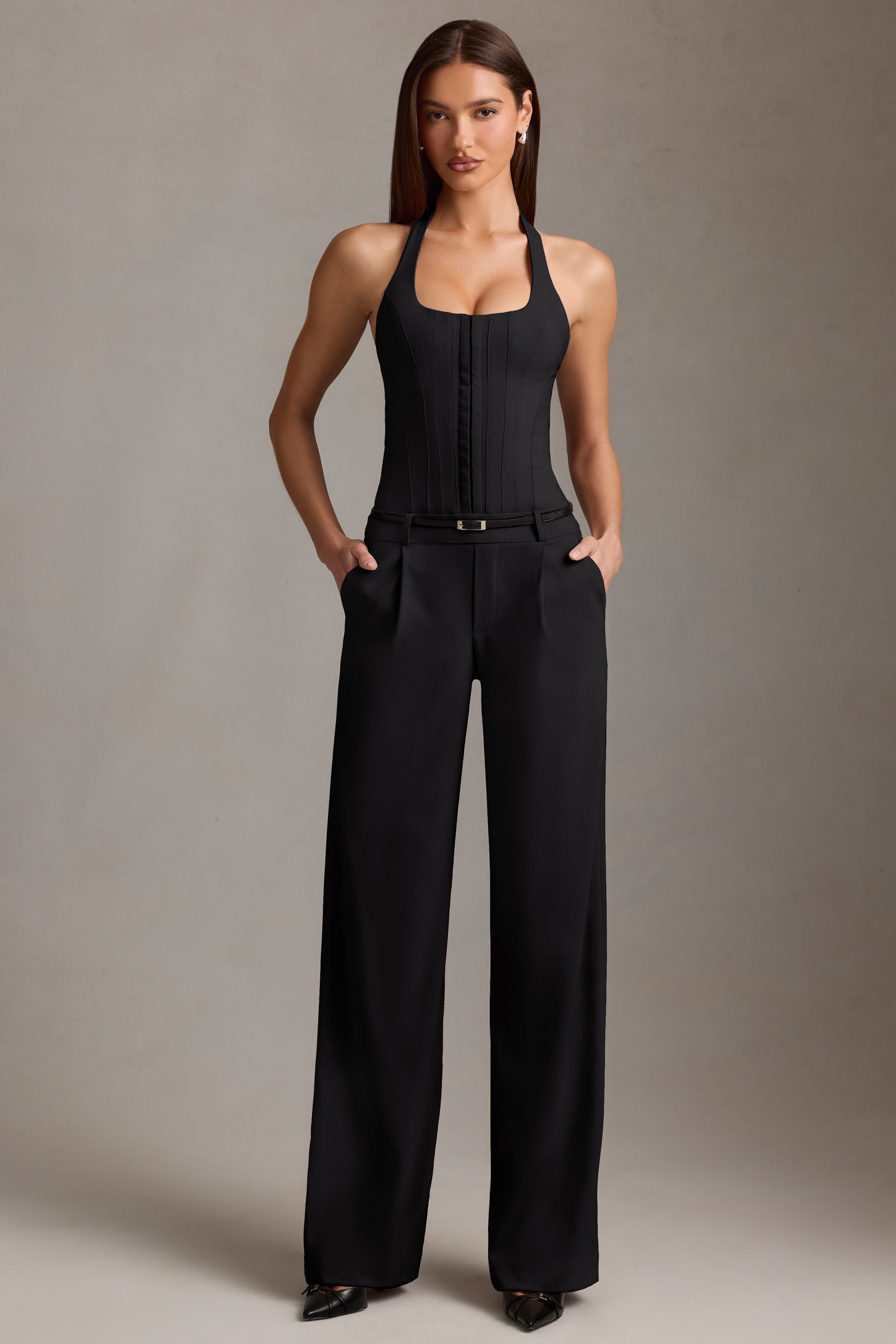 Orielle Corset-Detail Halterneck Jumpsuit in Black - Image 5