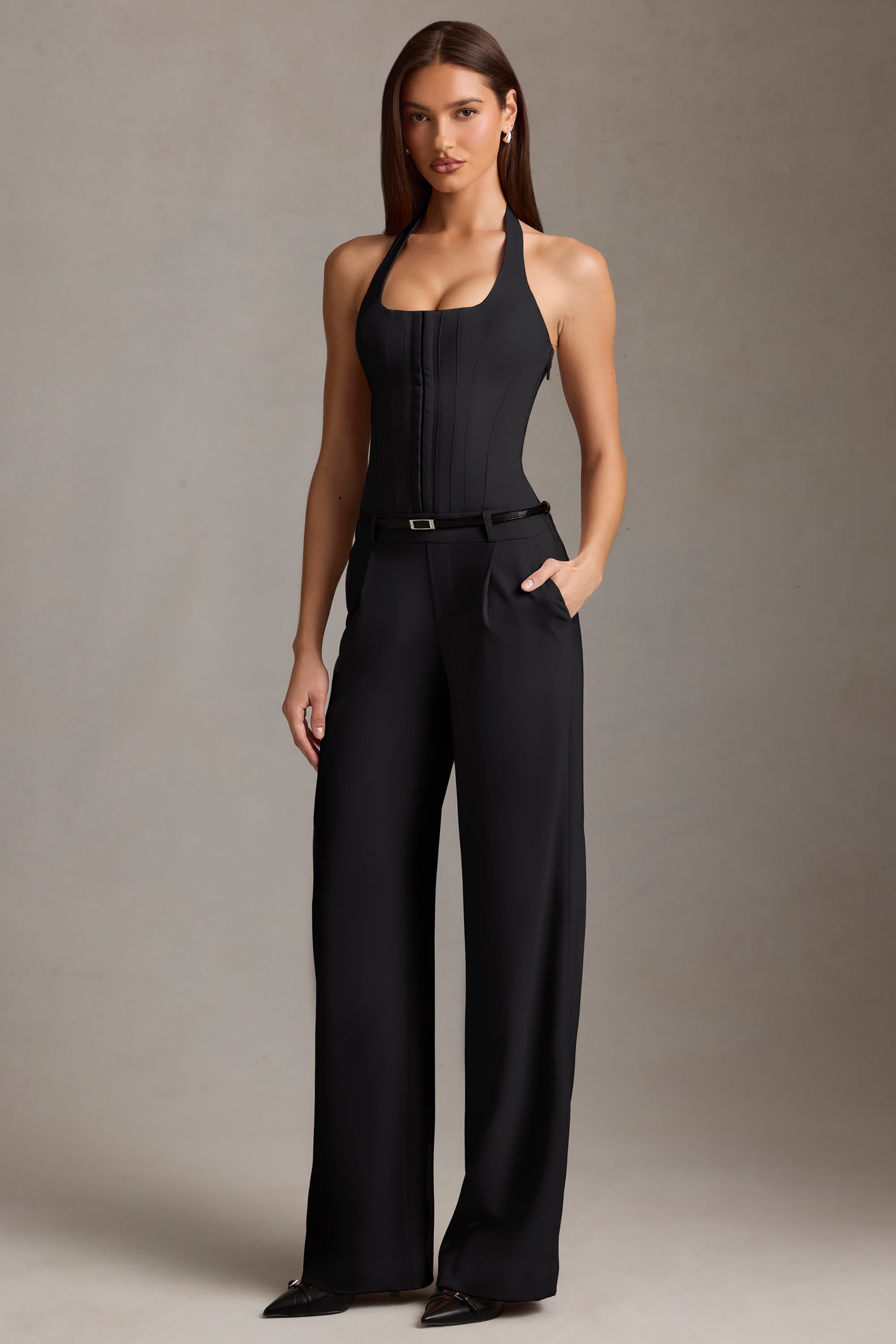 Orielle Corset-Detail Halterneck Jumpsuit in Black - Image 7
