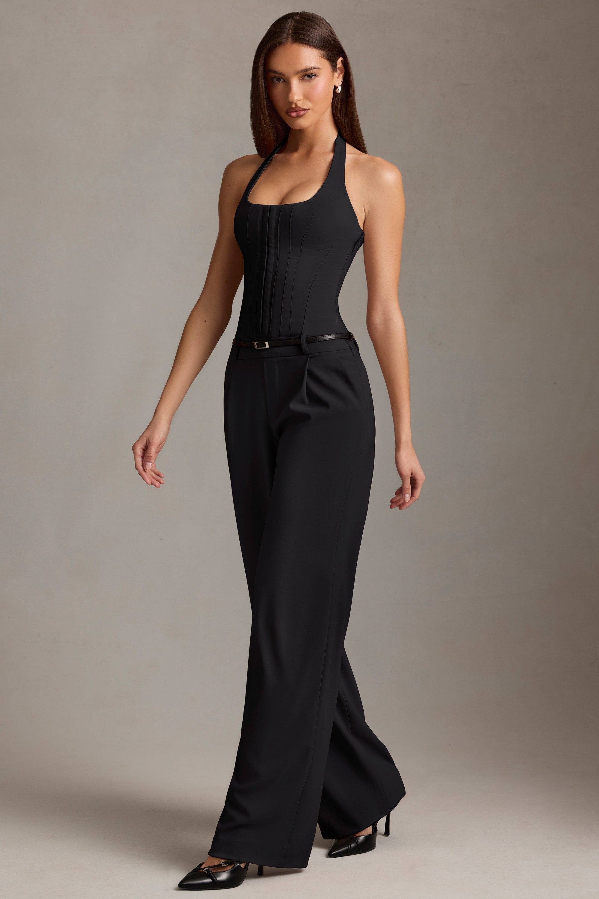 Orielle Corset-Detail Halterneck Jumpsuit in Black - Image 8