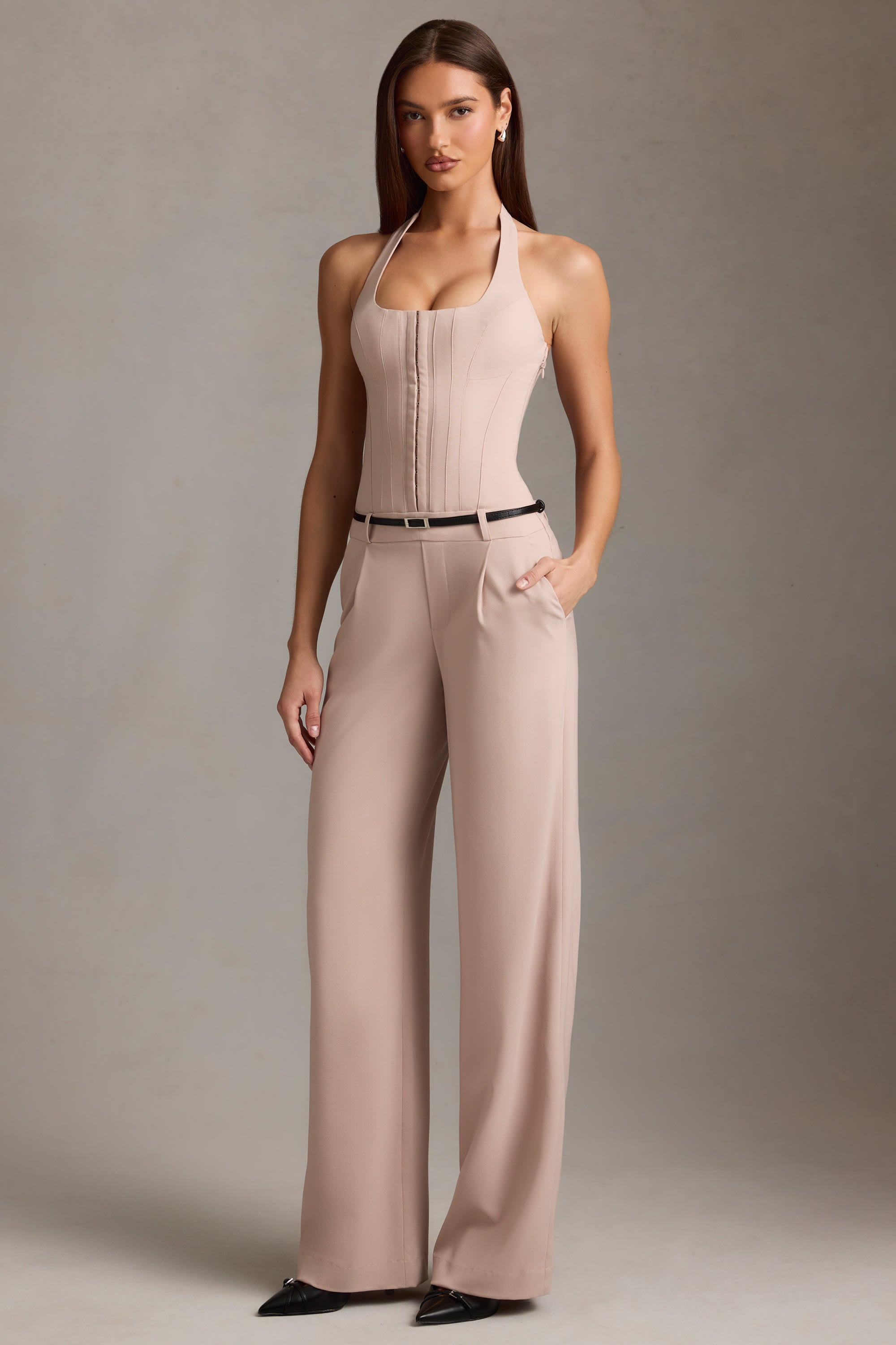 Orielle Corset-Detail Halterneck Jumpsuit in Mushroom