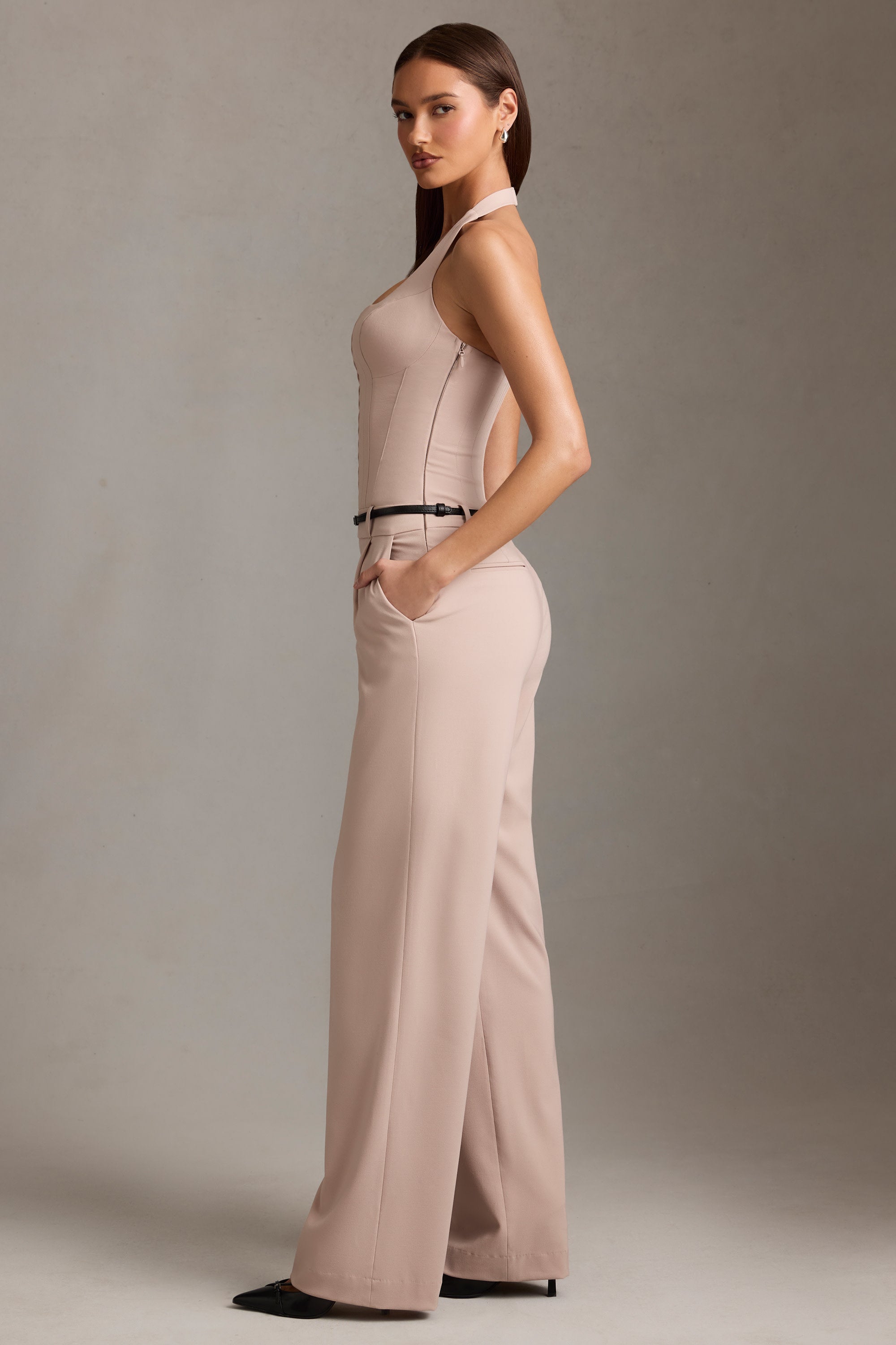 Orielle Corset-Detail Halterneck Jumpsuit in Mushroom - Image 3