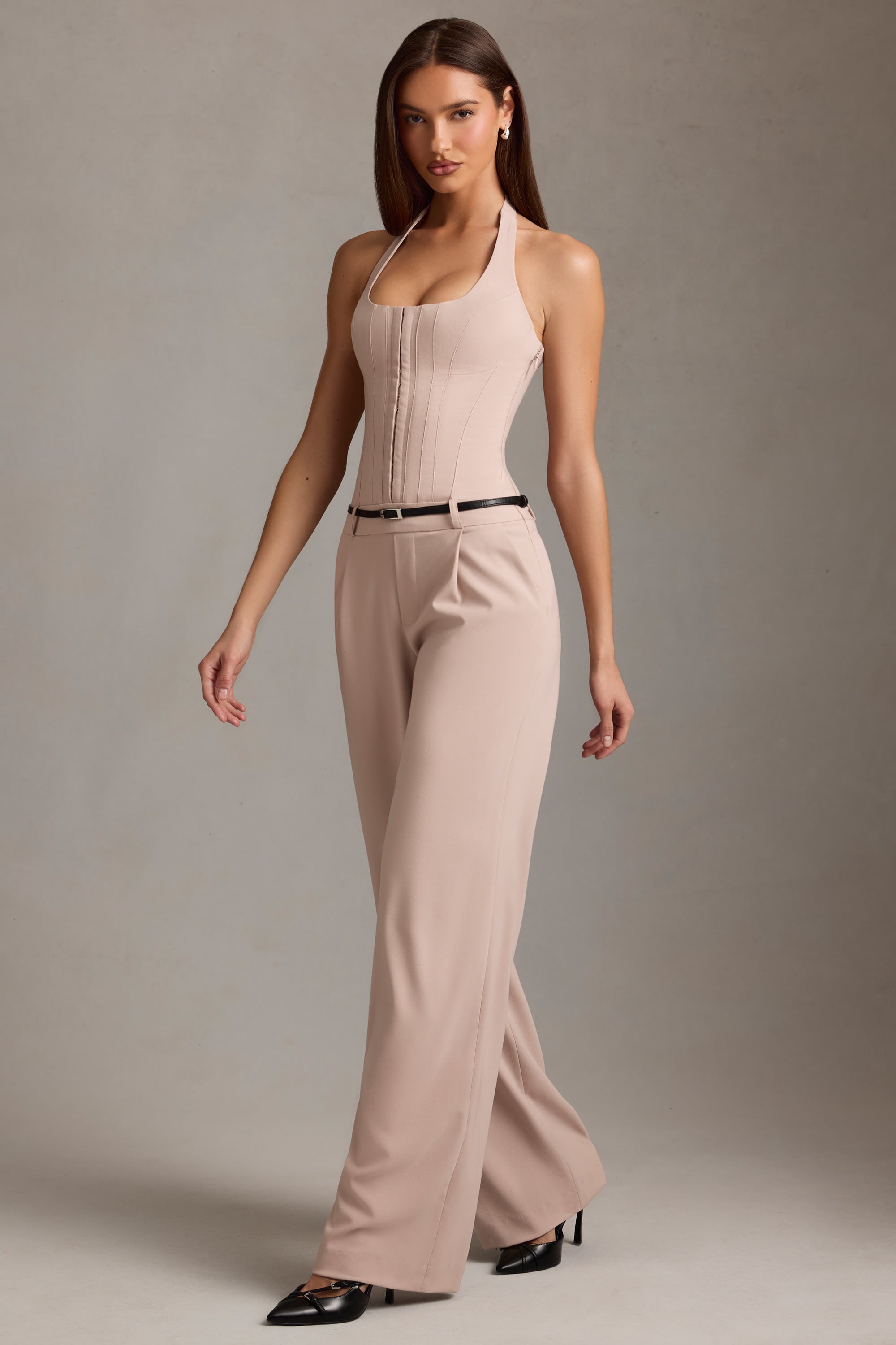 Orielle Corset-Detail Halterneck Jumpsuit in Mushroom - Image 8