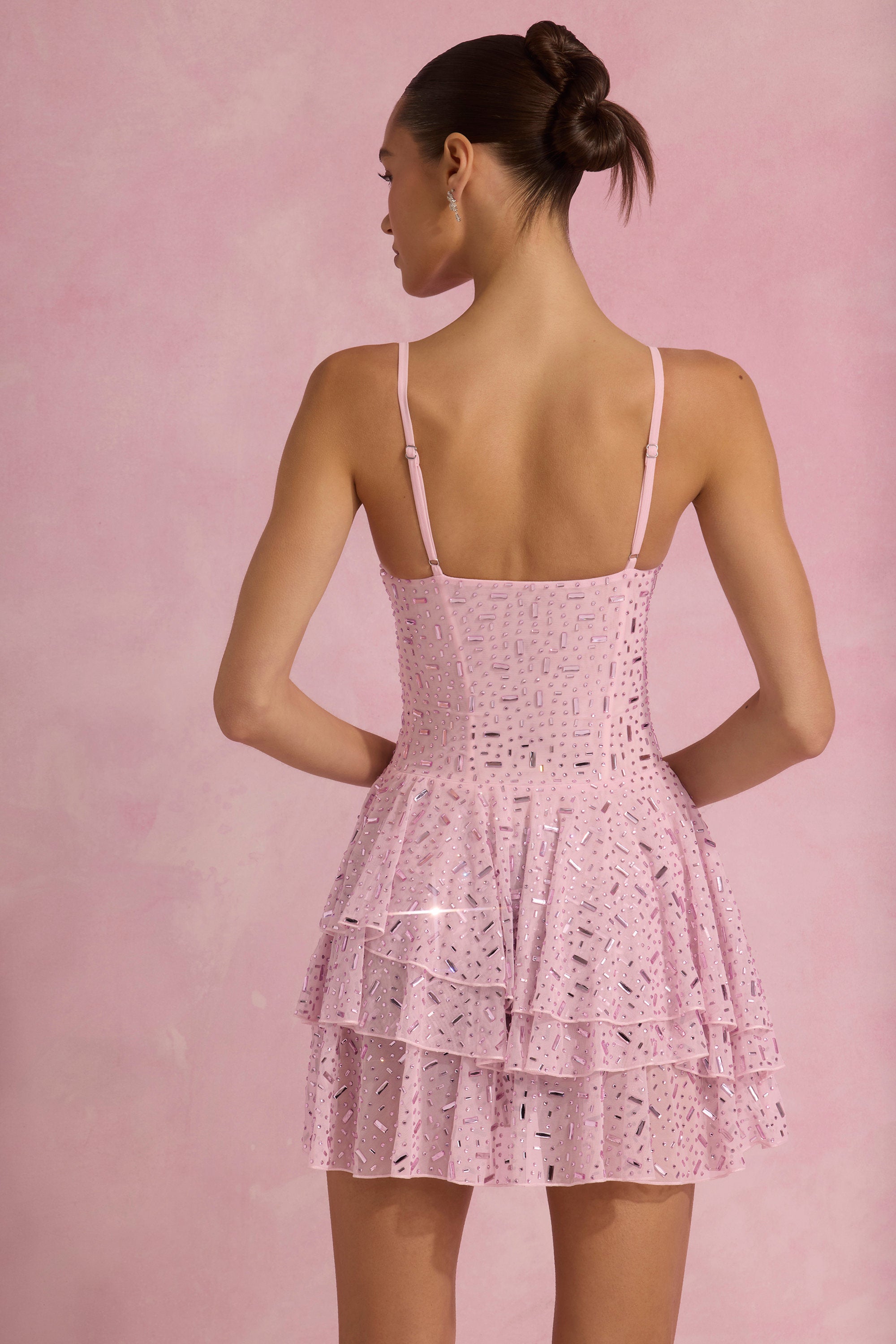 Orren Embellished Ruffled Tiered Mini Dress in Pink - Image 2