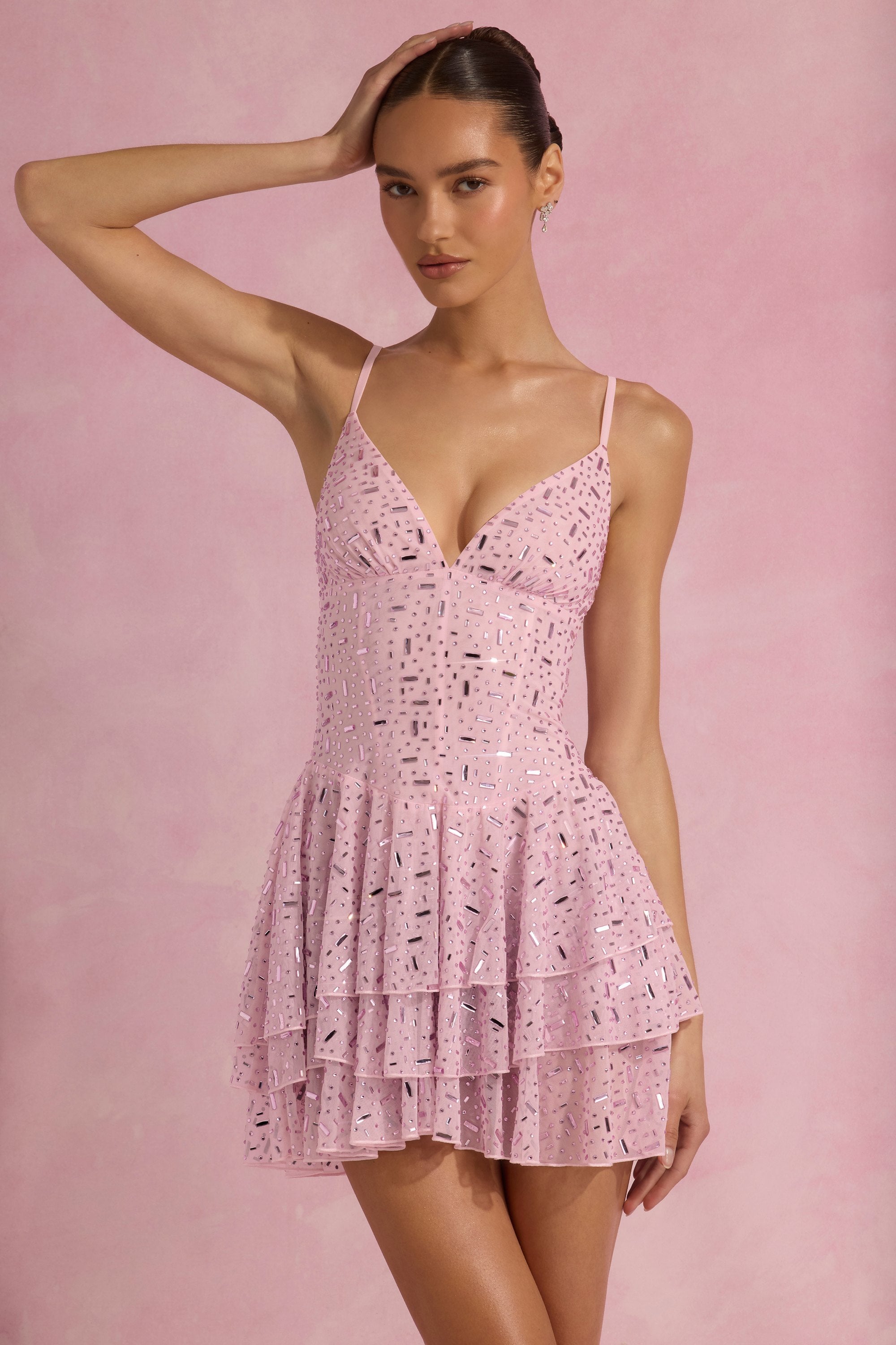 Orren Embellished Ruffled Tiered Mini Dress in Pink - Image 7