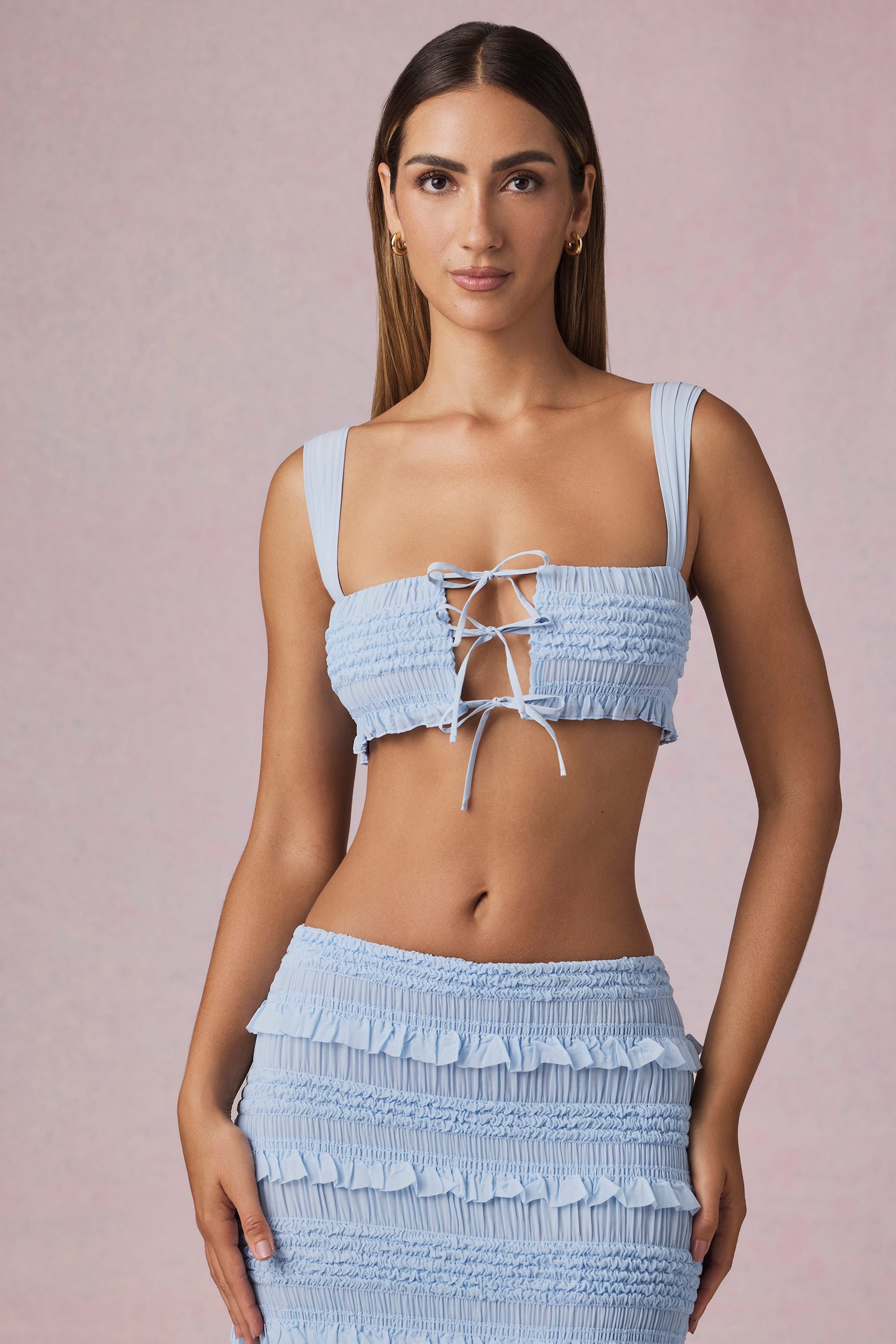 Ottilie Ruffle Tie-Front Crop Top in Powder Blue