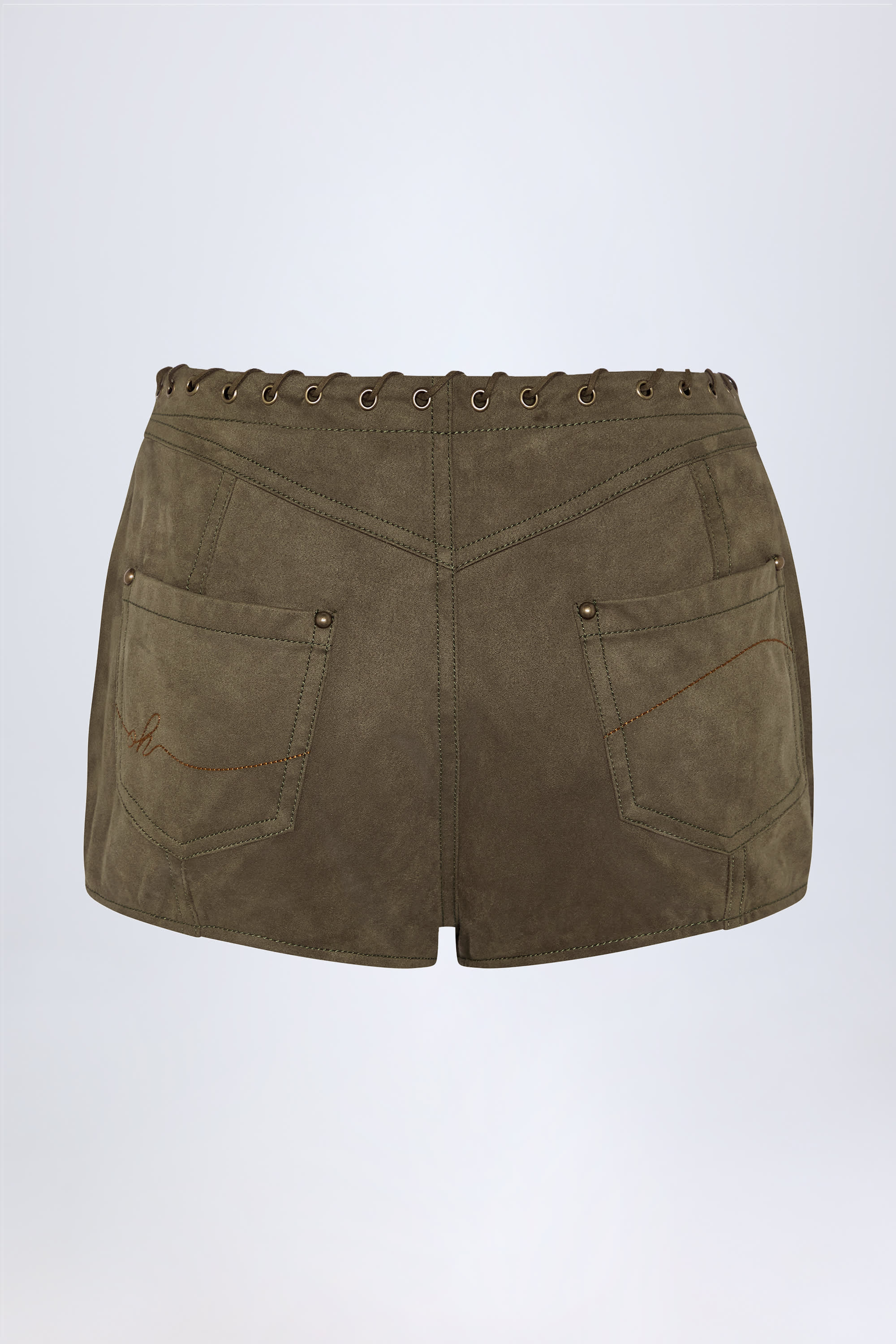 Parva Lace-Up Mid-Rise Shorts in Dark Khaki - Image 6