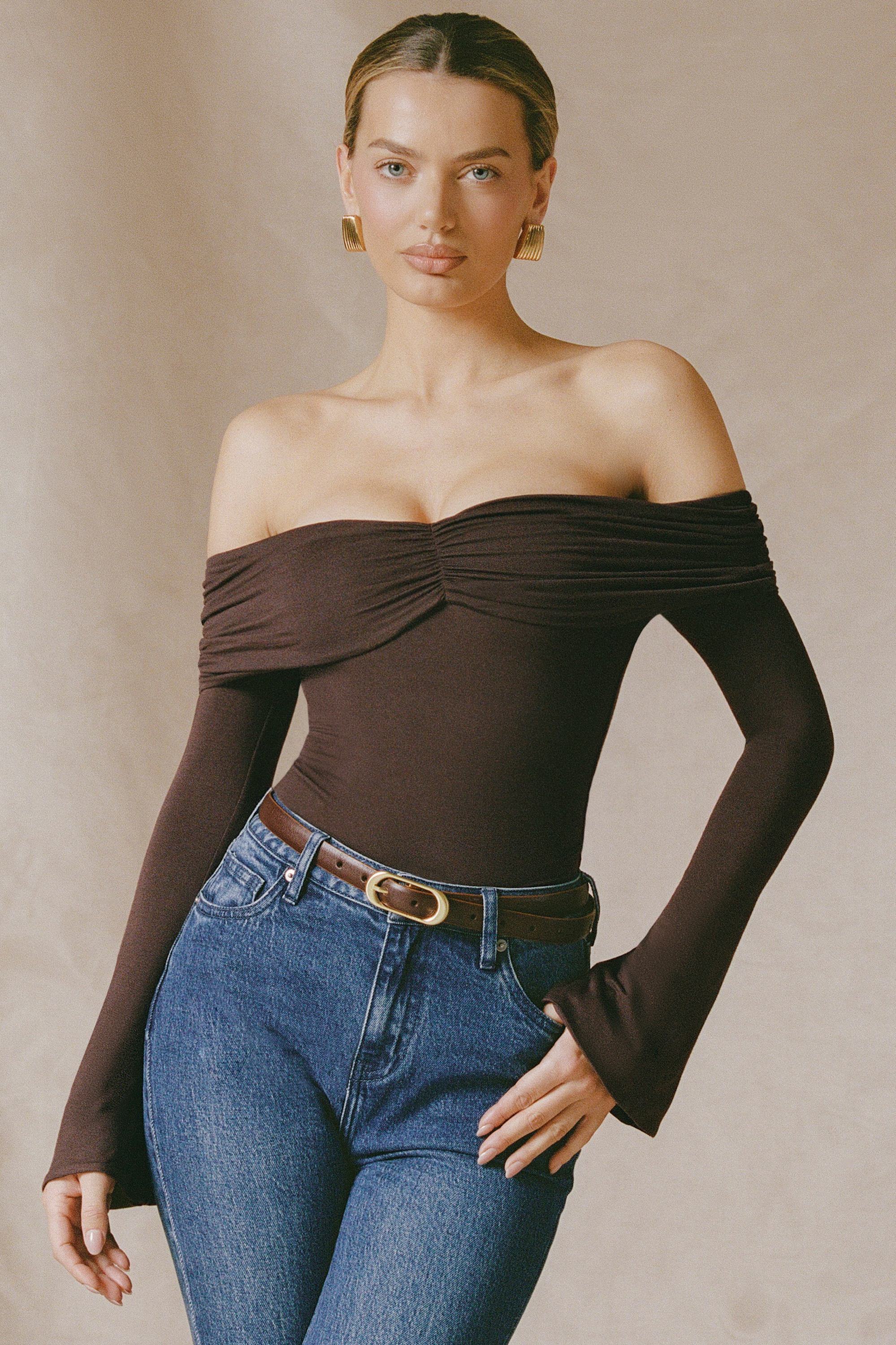 Pavni Modal-Cashmere Blend Off-Shoulder Ruched Top in Espresso