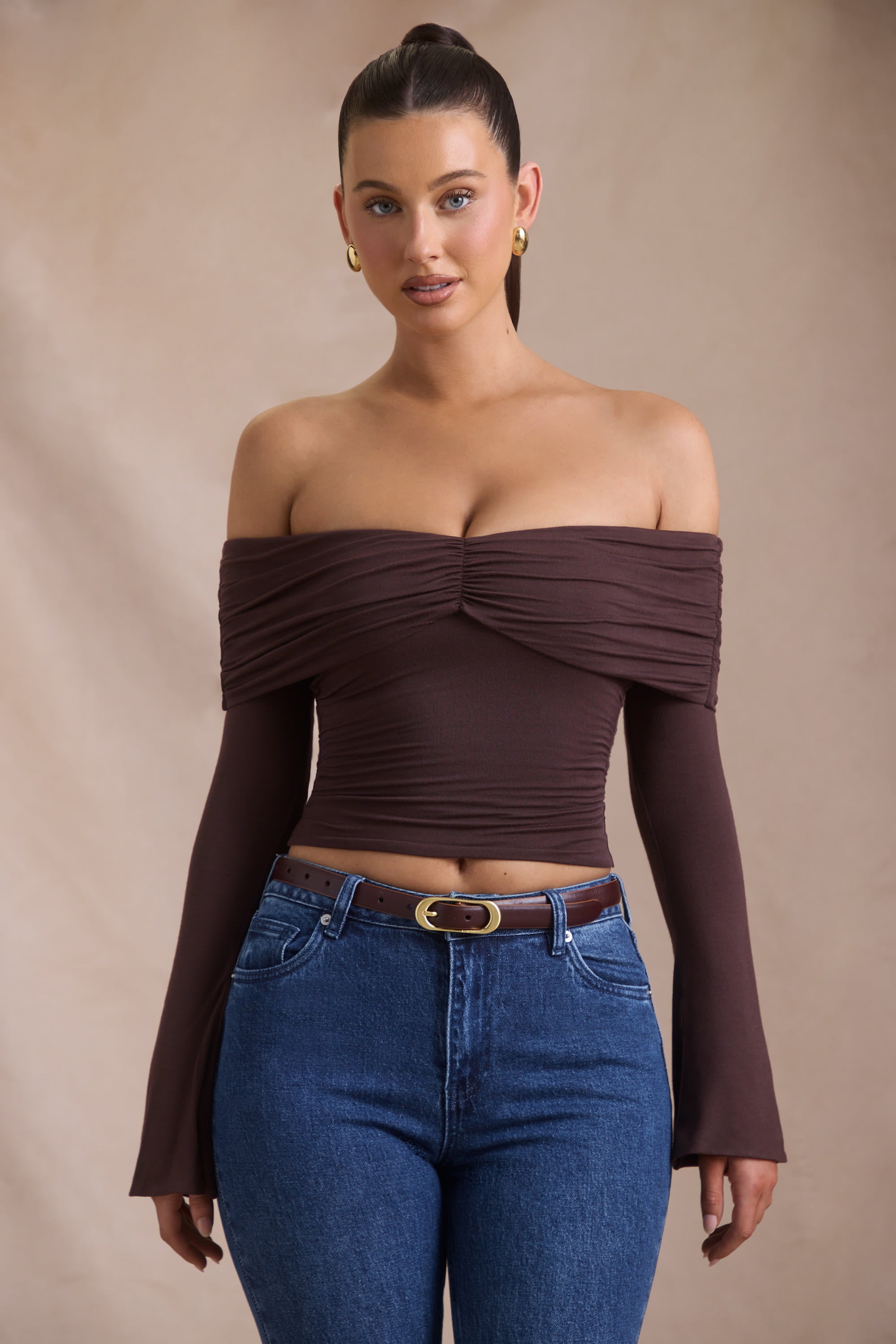 Pavni Modal-Cashmere Blend Off-Shoulder Ruched Top in Espresso - Image 7